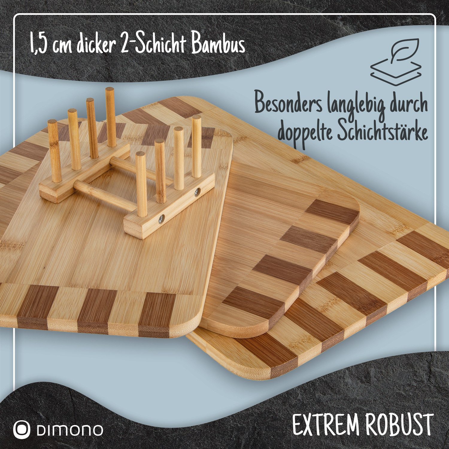 Dimono Schneidebrett 3-teiliges Schneidebrett-Set–Küchenbretter zum Schneiden und Servieren, Bambus, (3er Set, Küchenbrett), Brotzeit-Bretter