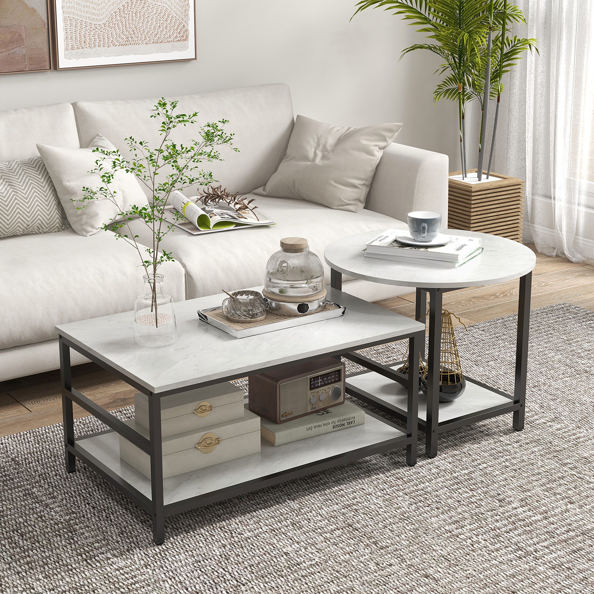 HOMCOM Beistelltisch Nachttisch, Couchtisch mit Beinen, 80x54x41cm Schwarz+Weiß (Wohnzimmertisch, 2-St., Beistelltische), für Schlafzimmer, Stahl