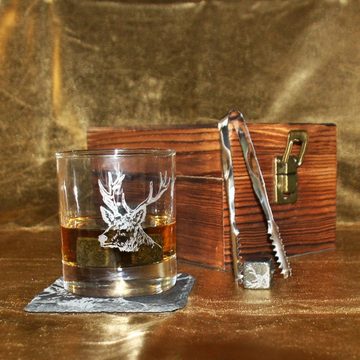 440s Whiskyglas Selbrae House 7-tlg Whisky Drink-Set, Motiv: Hirsch in Echt-Holz, Schiefer/Glas/Metall/Stein/Holz