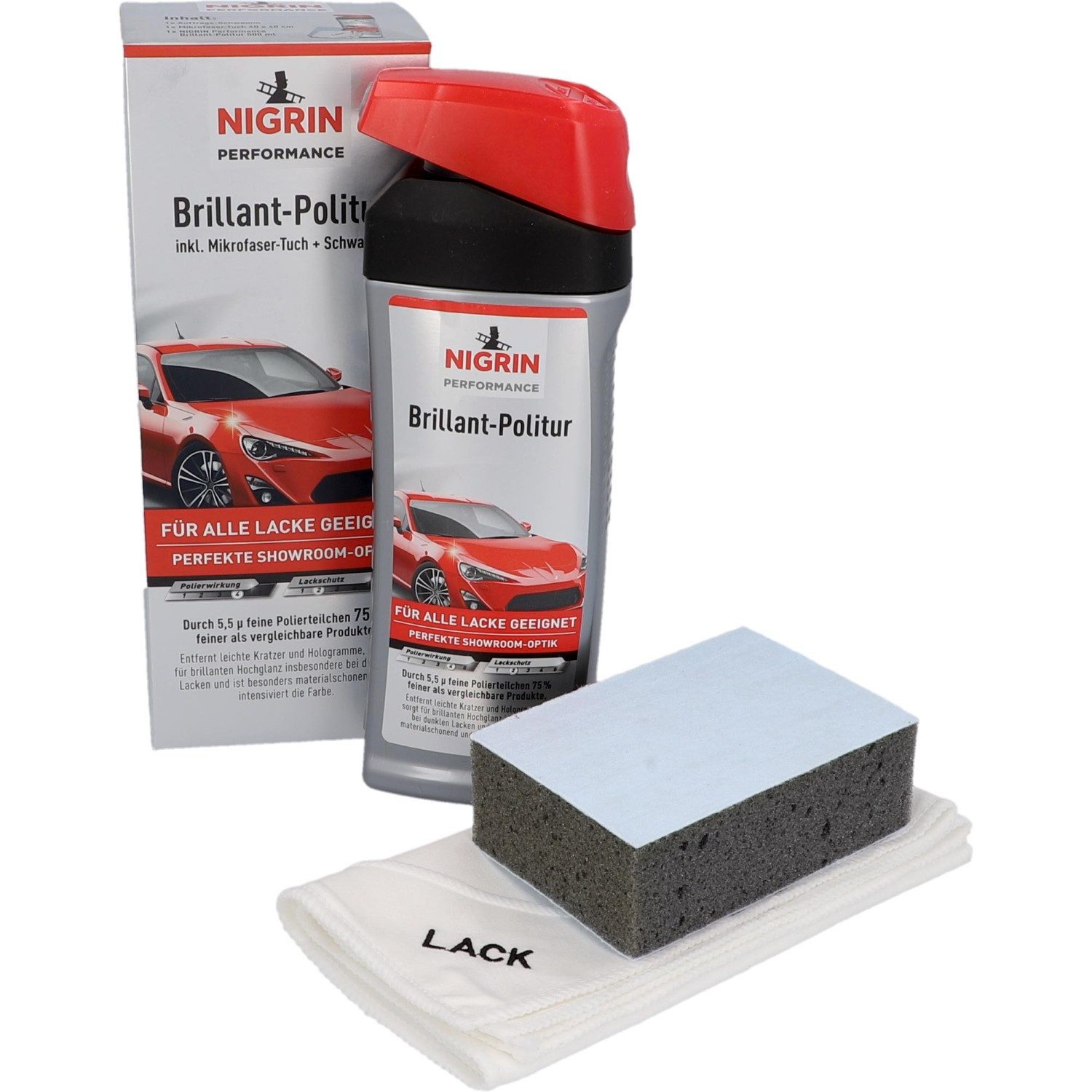 NIGRIN Performance Brillant Auto-Politur Turbo 500ml Autopolitur (Flasche), Auto Lack-Politur Schwamm + Tuch für Hand oder Polier-Maschine