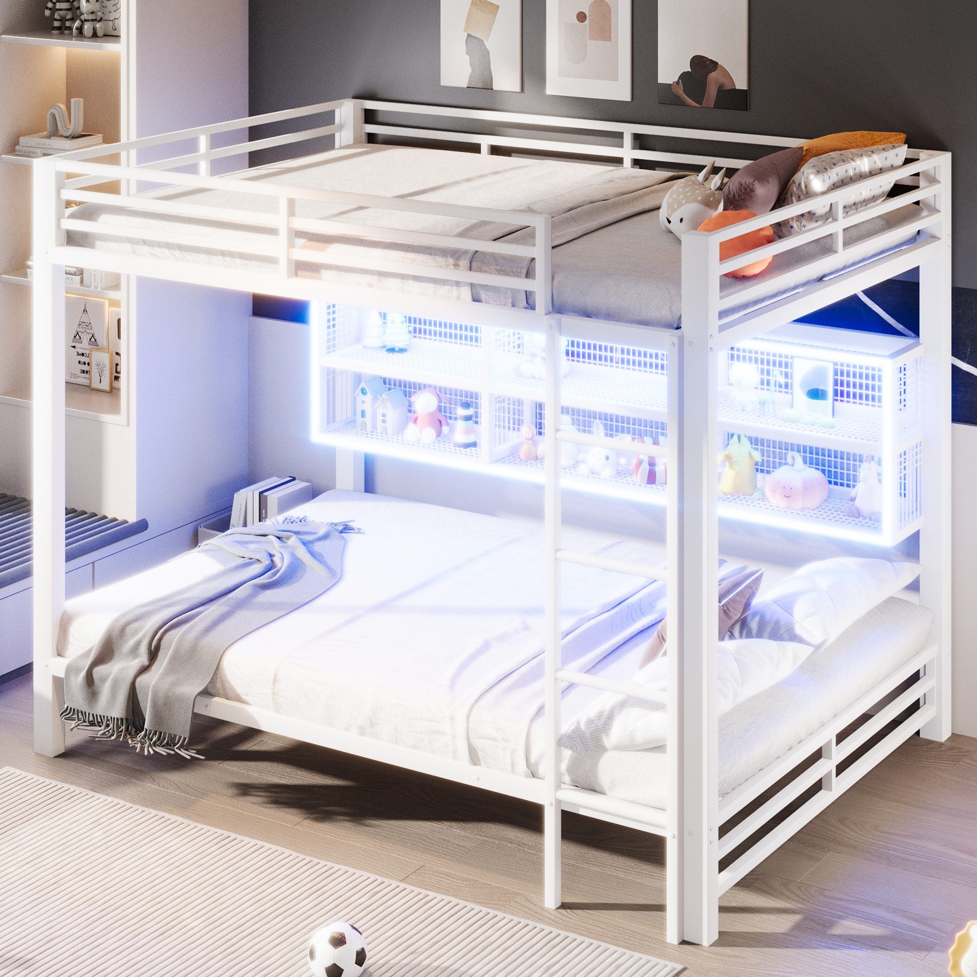 SOFTWEARY Etagenbett mit 2 Liegeflächen und RGB LED-Streifen (140x200 cm, mit Lattenrost, Trittleiter und Regal), Kinderbett mit Rausfallschutz, Metallbett