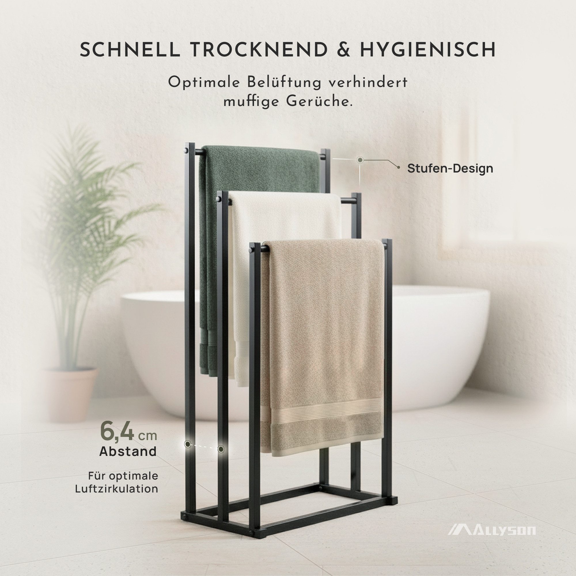 Allyson Handtuchhalter Freistehender Badetuchhalter Ohne Bohren in Schwarz, 3-Stangen-Design, rostbeständiger Karbonstahl, rutschfeste Basis.