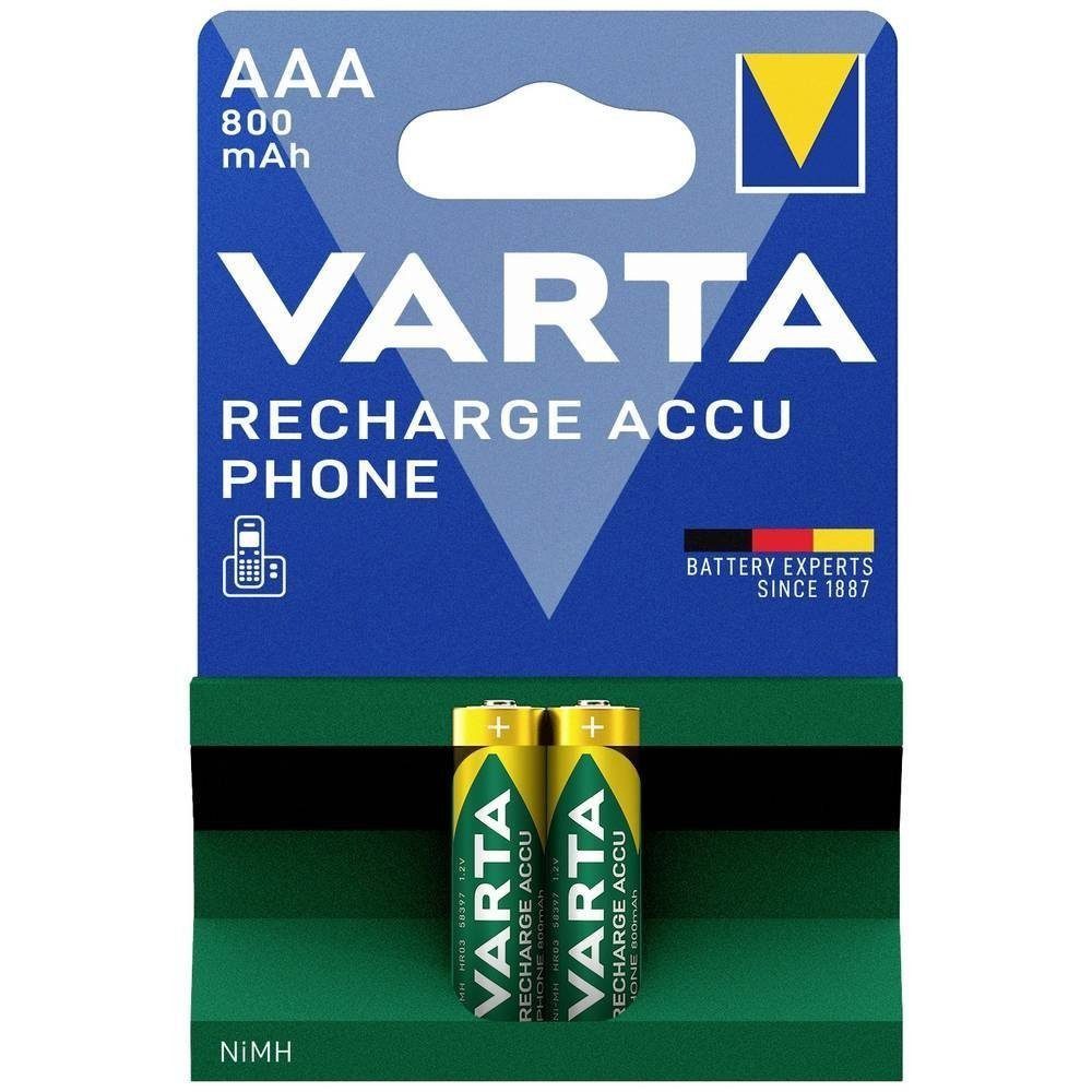 VARTA 2x AAA NiMH Telefon-Akkus 800mAh, 1,2V Micro-Batterien für Mobilteile Akku (2 St), Leistungsstarke AAA NiMH Telefon-Akkus (800 mAh, 1,2V) im 2er-Set