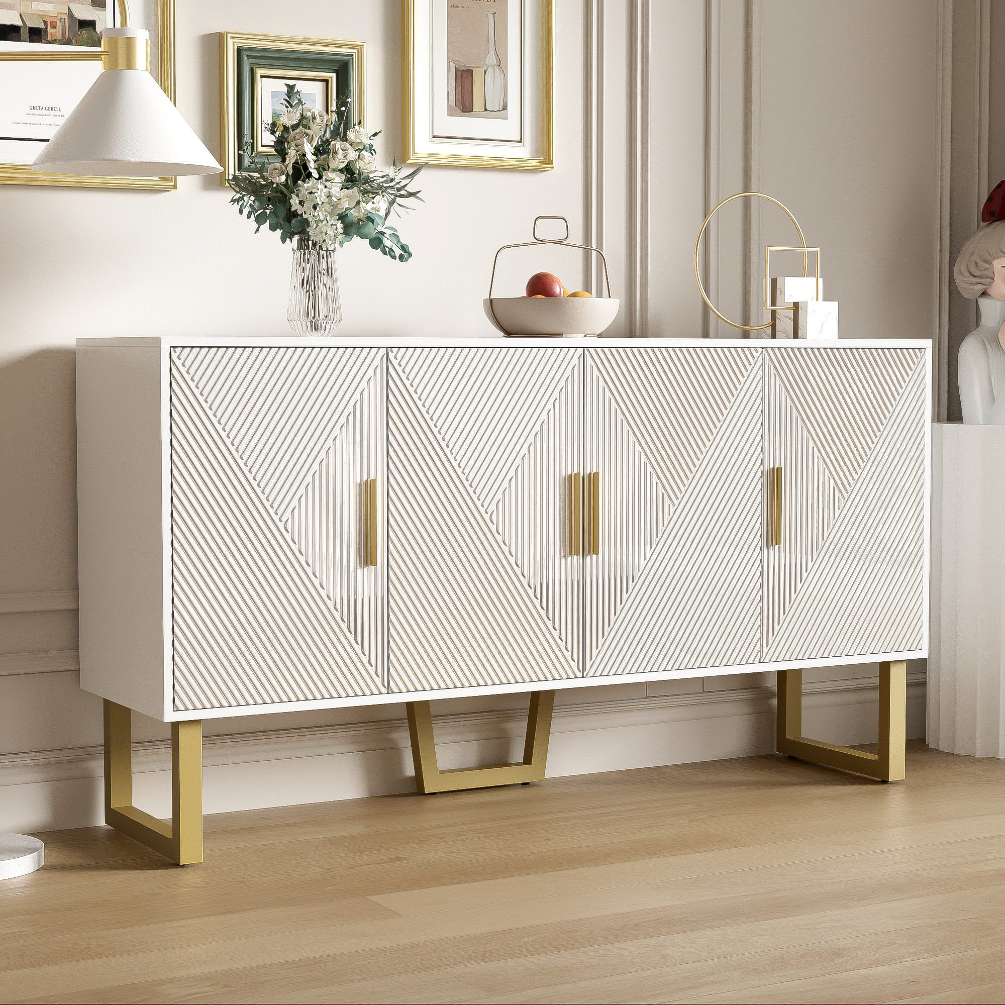 STILVORA Sideboard mit Hochglanz,Aufwahrungsschrank Beistellschrank mit Regal verstellbar (Kommode, 1 St., 4 Türen), mit hochglänzenden strukturierten Türen und goldenen Griffen