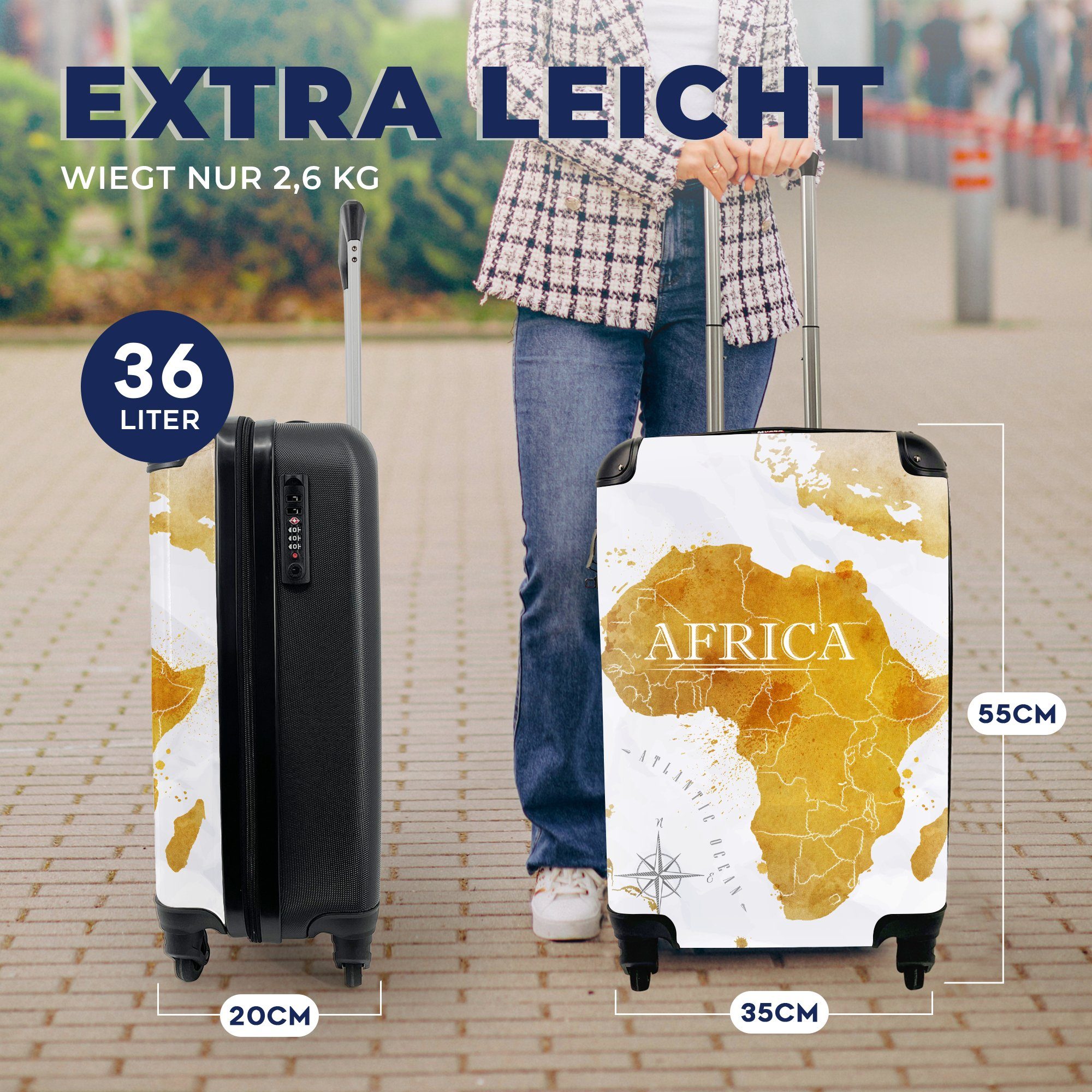 MuchoWow Handgepäckkoffer Trolley, rollen, - mit Handgepäck Rollen, 4 Weltkarte für Gold, Reisekoffer Reisetasche - Ferien, Afrika