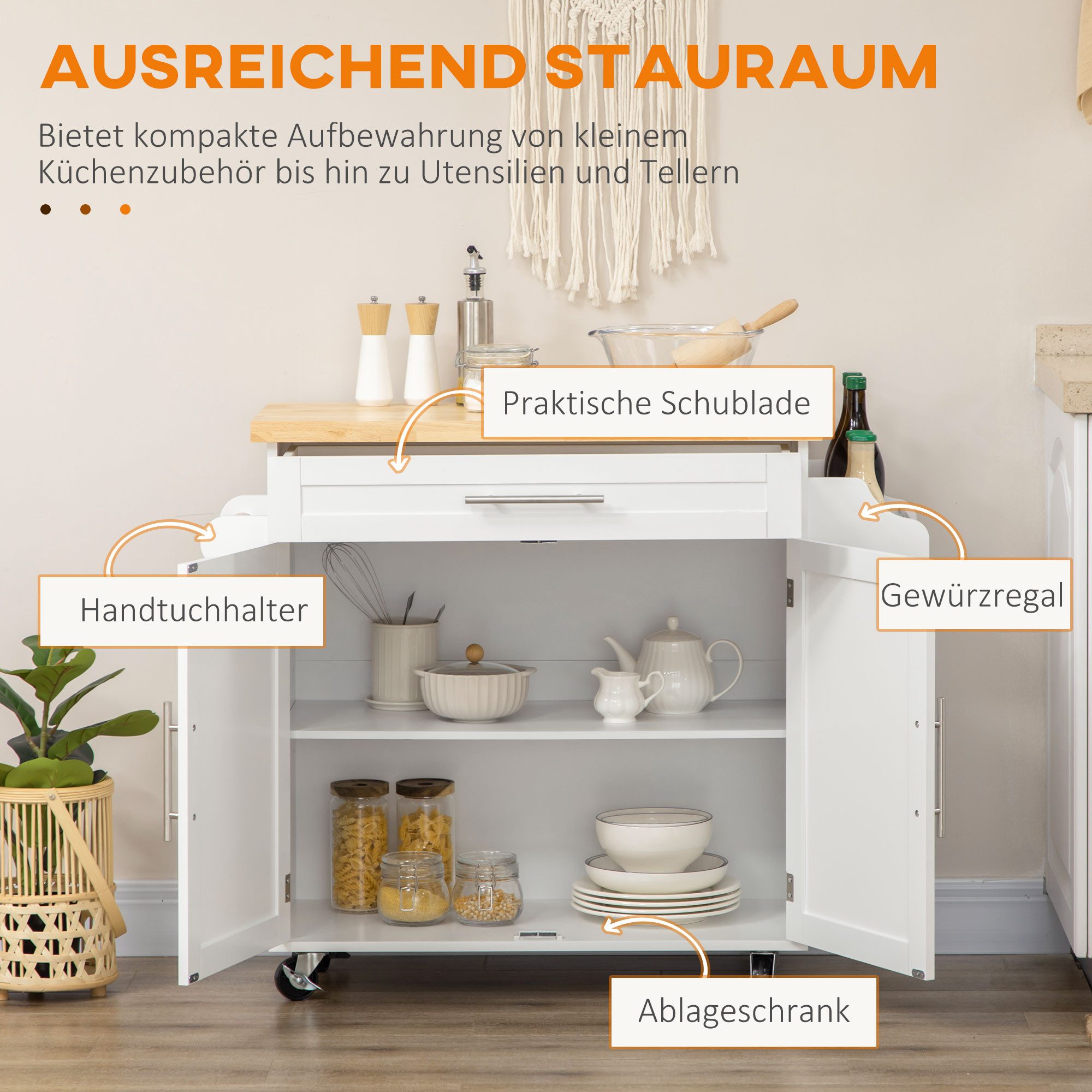 HOMCOM Servierwagen Kücheninsel Küchenwagen auf Rollen mit Arbeitsplatte, Schublade, (Rollwagen, 1 St., Küchentrolley), für Wohnzimmer Esszimmer Weiß 109 x 40 x – Bild 4 von 5