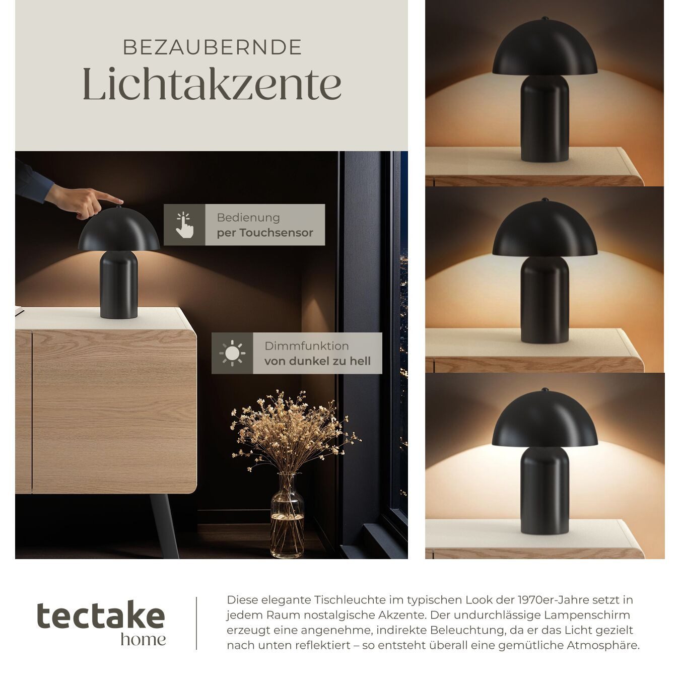 tectake Schreibtischlampe Akku-Tischlampe, Dimmbar, nicht relevant, Kleine Retro-Tischleuchte im angesagten Pilzdesign der 70er-Jahre