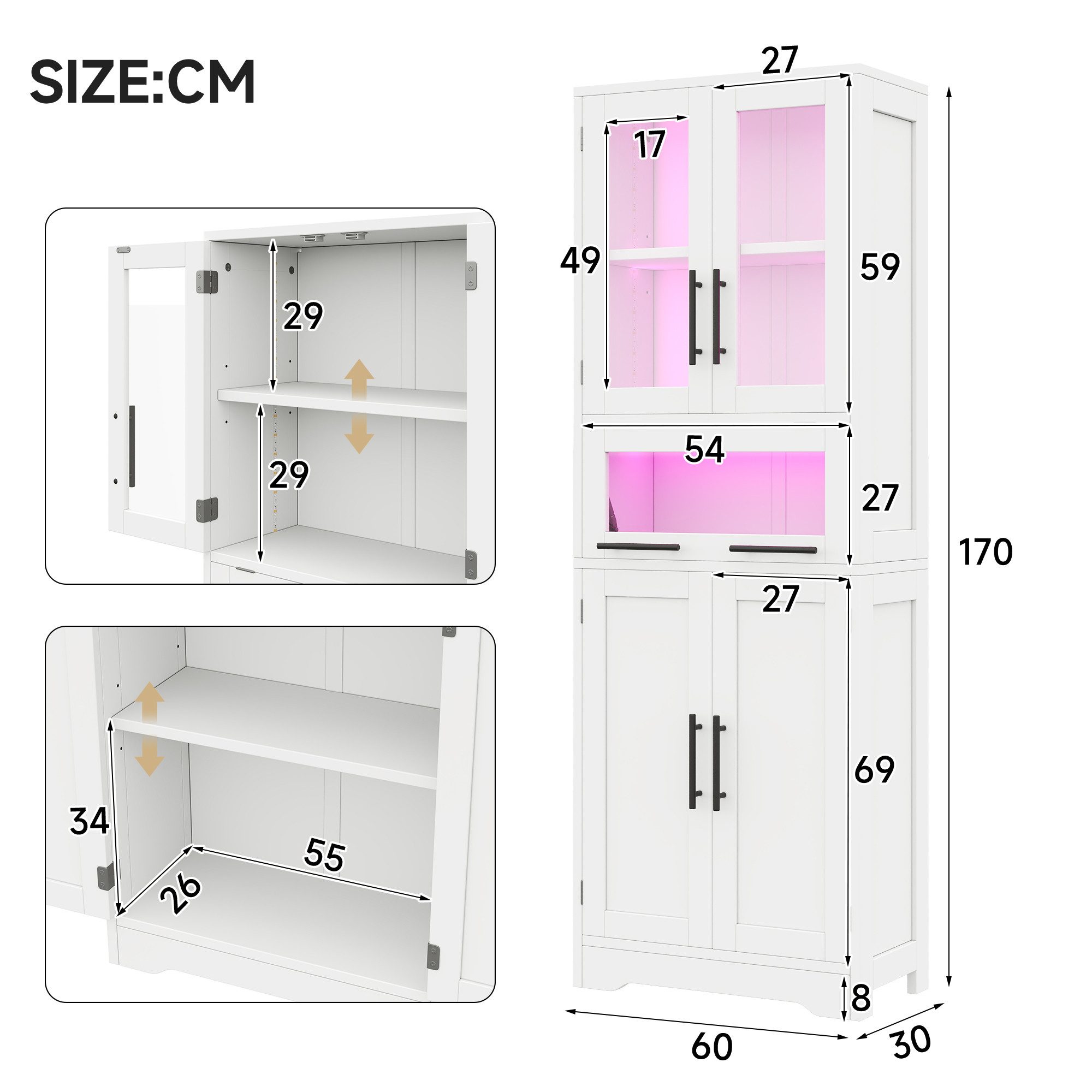 Celya Hochschrank mit LED und viel Stauraum (verstellbare Einlegeböden, per App steuerbarer LED-Lichtstreifen) freistehendes Aufbewahrungsmöbel, nordisch-minimalistischer Stil