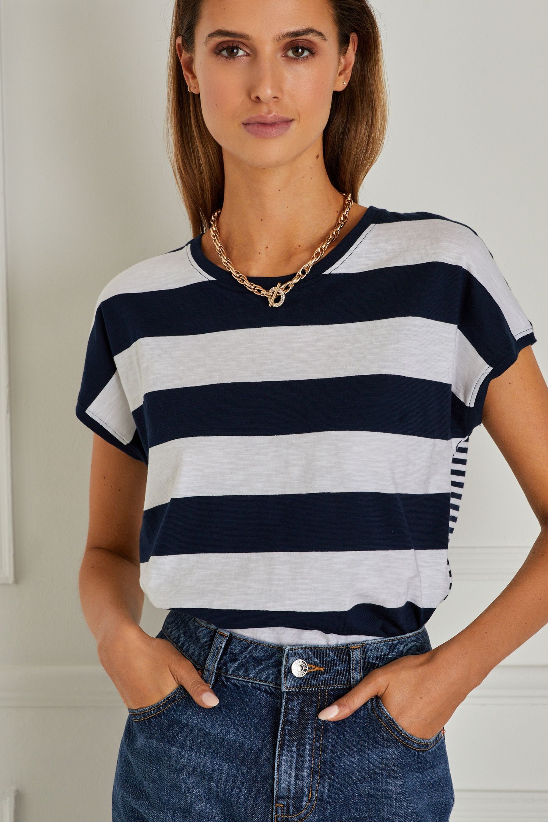 Next T-Shirt T-Shirt mit Rundhalsausschnitt, Kurzgröße (1-tlg) Navy Blue/White Stripe