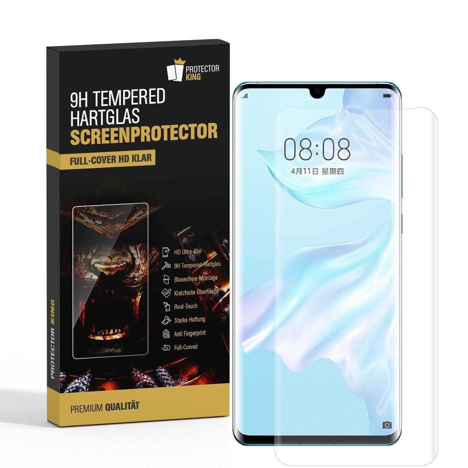 Protectorking Schutzfolie 1x 9H Panzerglas für Huawei P30 Pro FULL CURVED Displayschutz Schutzgl, (1-Stück), Displayschutzglas, Schutzglas Echtglas Tempered 9H Härte HD-KLAR