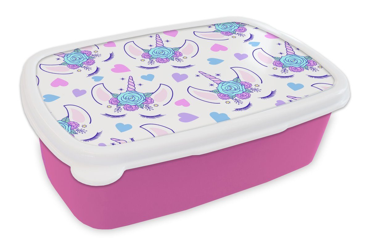 MuchoWow Lunchbox Mädchen - Einhorn - Blumen - Muster - Mädchen - Kinder - Kinder, Kunststoff, (2-tlg), Brotbox für Erwachsene, Brotdose Kinder, Snackbox, Mädchen, Kunststoff rosa