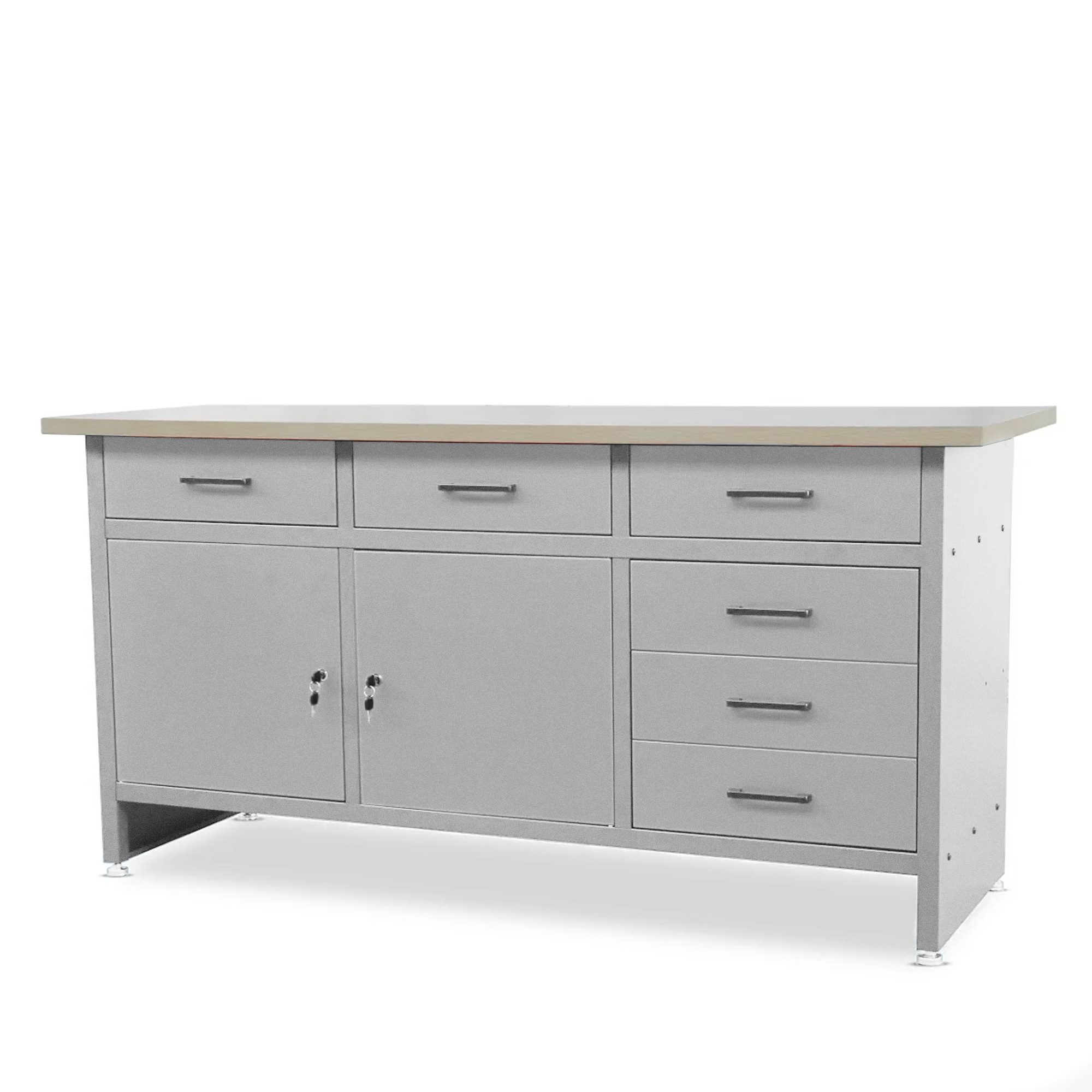 Jan Nowak Werkbank Werkstatttisch 170 cm HENRY 6 Schubladen 2 Schränke Stahl robust, (Stahl 0,8-1,0 mm 85 x 170 x 60 cm verstellbare Füße 91 kg), Werktisch abschließbar 570 kg laminierte Platte 5 Farben PZH