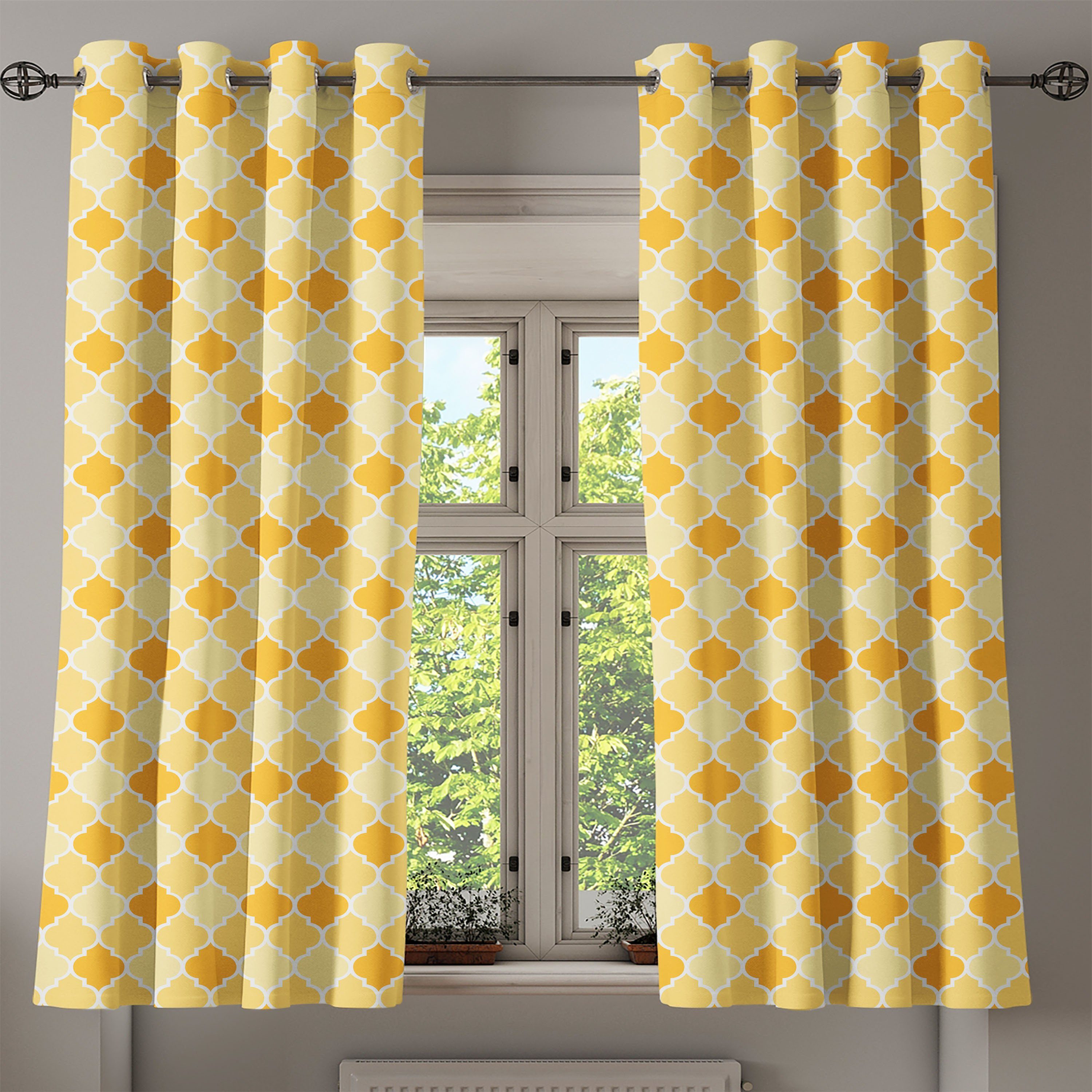 Abakuhaus, Gardine Trellis für Wohnzimmer, Yellow Quatrefoil 2-Panel-Fenstervorhänge in Dekorative Schlafzimmer