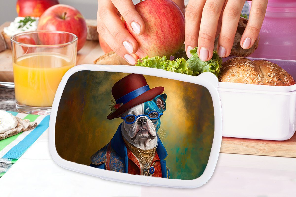 MuchoWow Lunchbox Hund - Jungs Mädchen für - Brotbox Kinder Abstrakt, und Kleidung Kunststoff, für und - weiß Hut (2-tlg), Erwachsene, - Porträt Brotdose