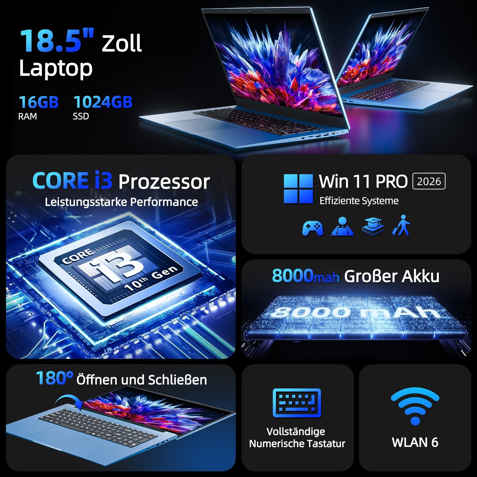 MENGHU 18,5-Zoll FHD Laptop, 16GB RAM 1TB SSD, Sicherheitsschloss, RJ45, HDMI Notebook (Intel Celeron N5095, 16 GB, 1024 GB SSD, 4-core CPU)
