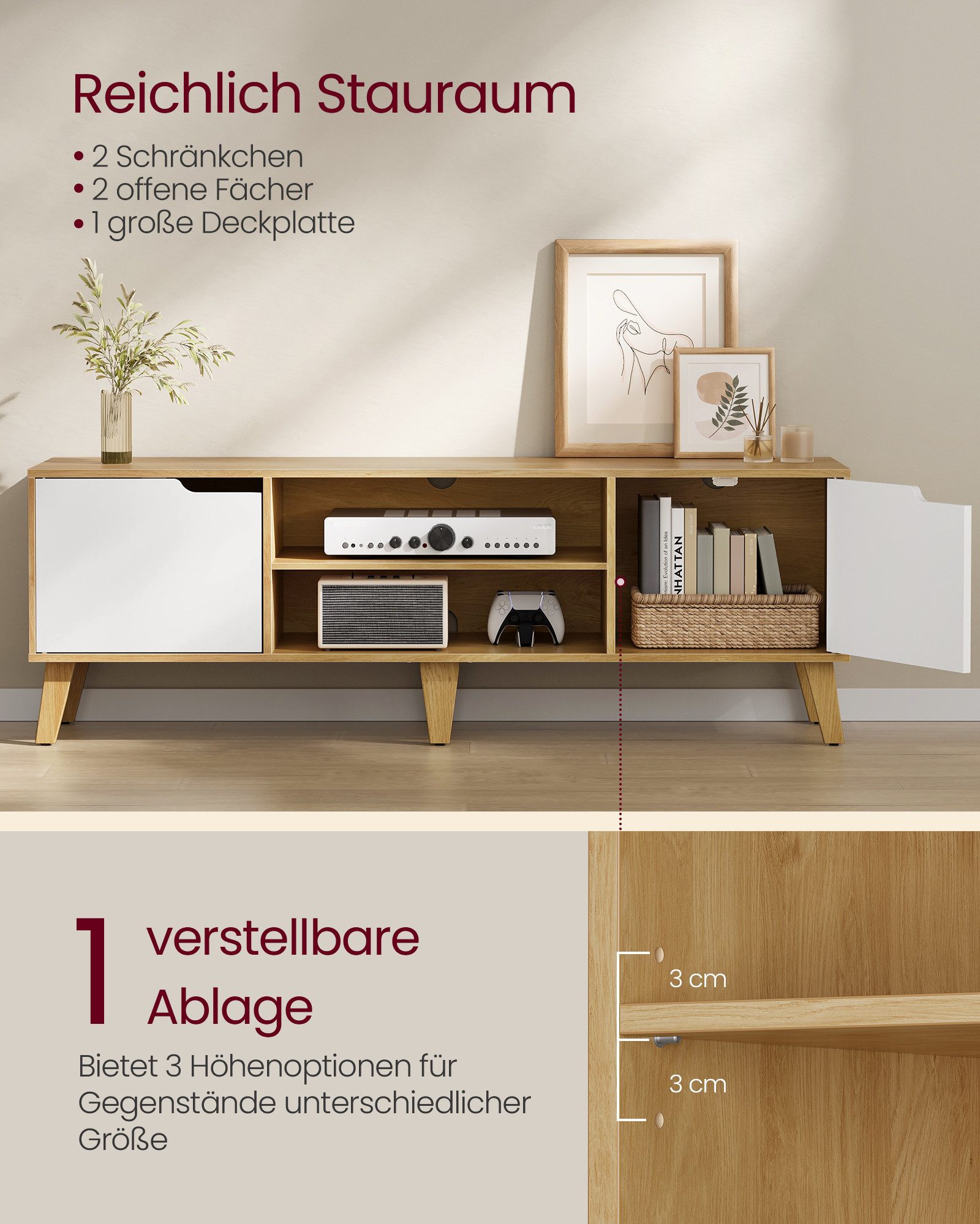 VASAGLE Lowboard, mit verstellbarer Ablage, 147cm lang, für Fernseher bis zu 65 Zoll