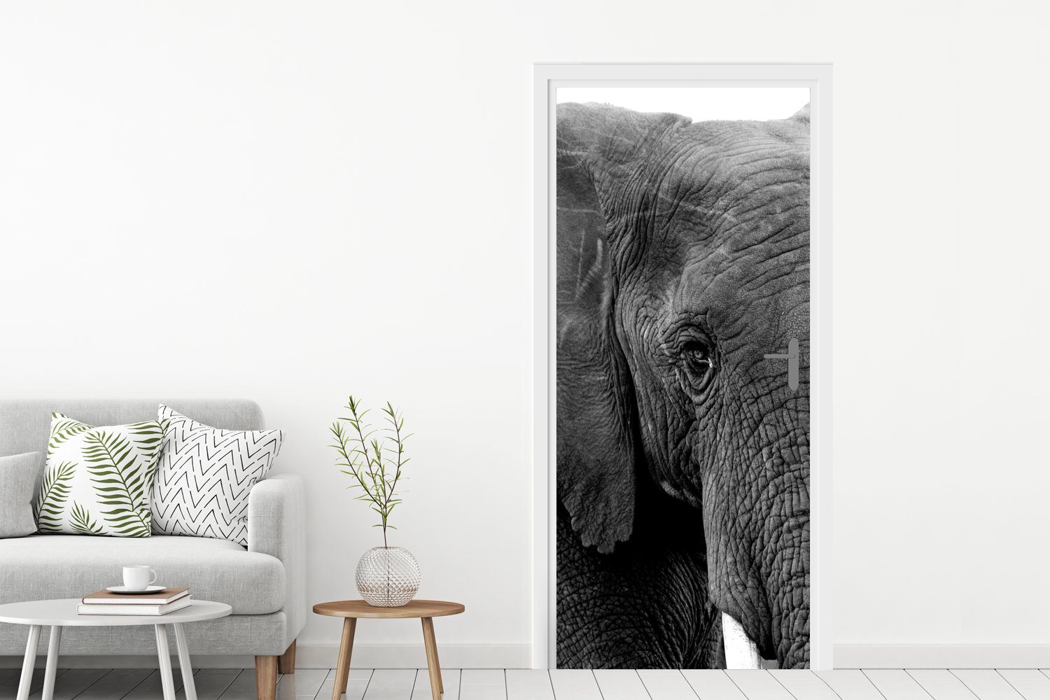 Weiß 75x205 Fototapete MuchoWow Türaufkleber, für bedruckt, Natur, - St), - Tür, Elefant Türtapete (1 - Matt, Tiere Schwarz - cm