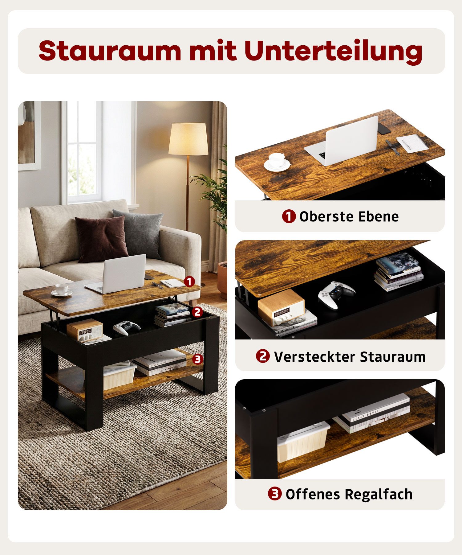 Yorbay Couchtisch Höhenverstellbar 46-60cm mit Gasfeder & verstecktem Fach, Sofatisch mit Stauraum, Wohnzimmertisch, stabil bis 80kg