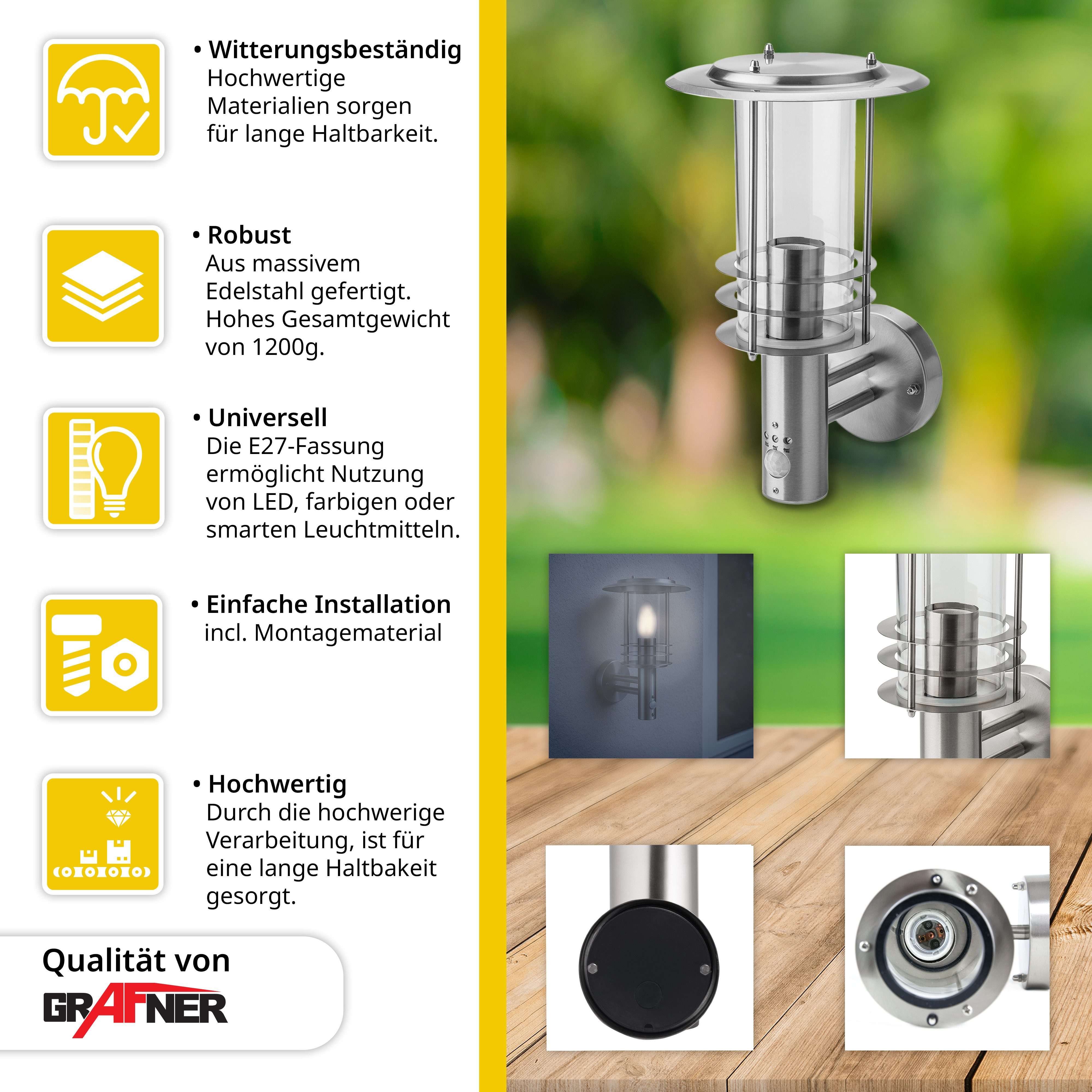 Grafner Außen-Wandleuchte Edelstahl Wandlampe mit Bewegungsmelder 17WBPIR, günstig online kaufen