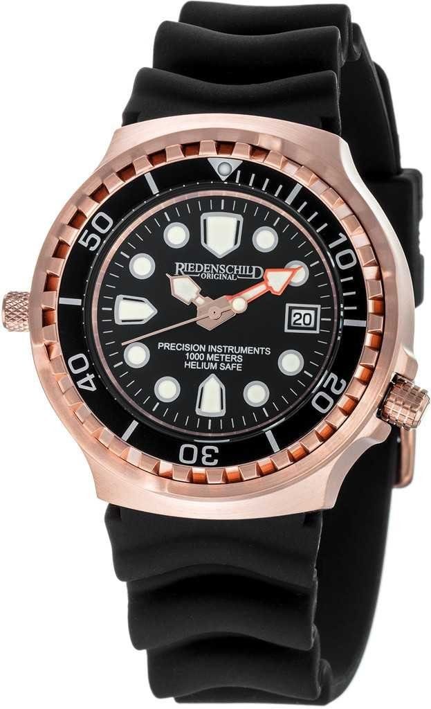 Riedenschild Taucheruhr RS9000-09, Roségold Schwarz, 100 ATM Wasserdicht, 46 mm, Silikonband, Heliumventil, Robuste Profi-Taucheruhr für Herren