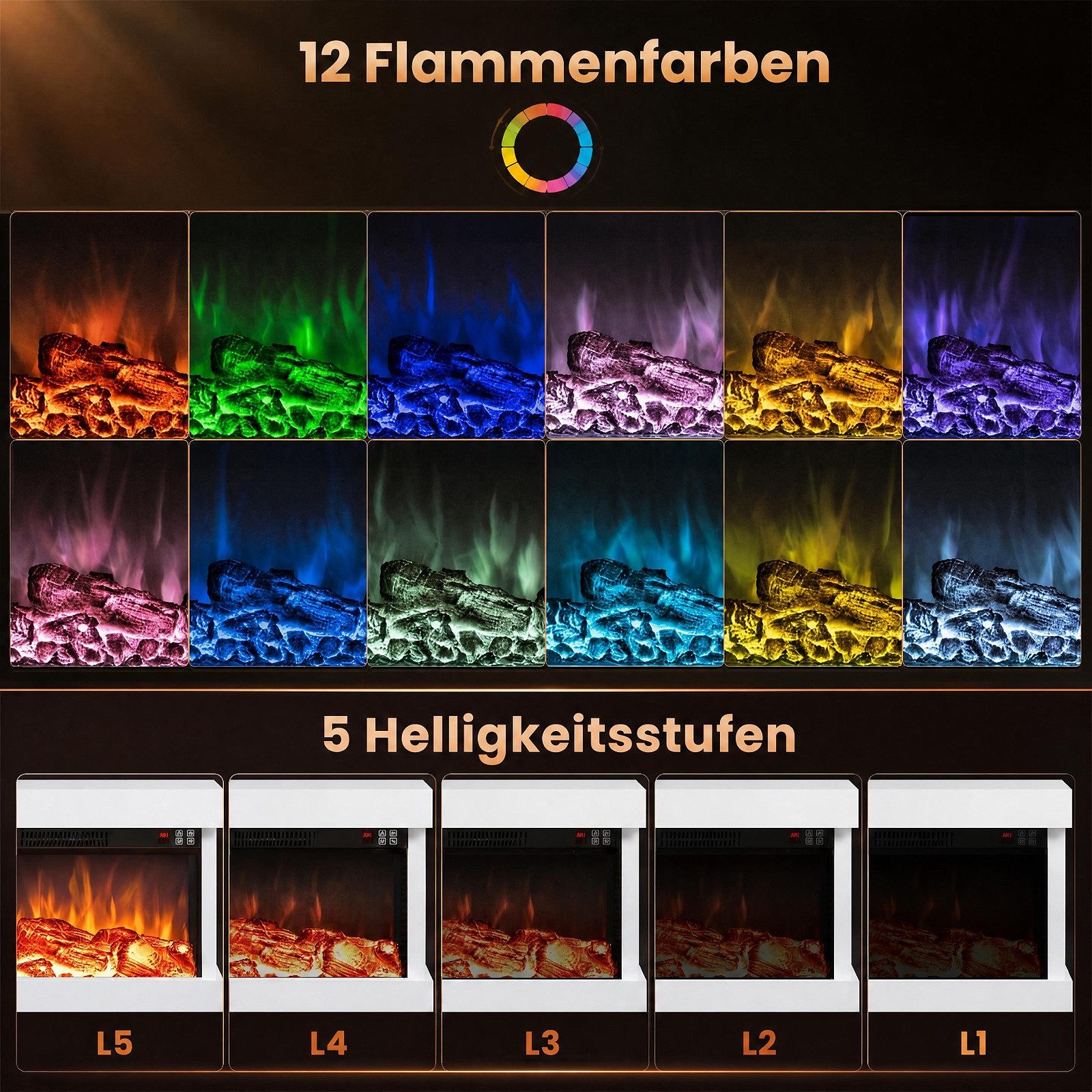 COSTWAY Elektrokamin Wandkamin mit LED-Seitenlichtern, 3D-Flammeneffekt – Bild 2 von 5