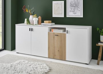 Furn.Design Sideboard Merced (Große Anrichte in weiß mit Eiche, 200 x 80 cm), Soft-Close, mit Staboptik