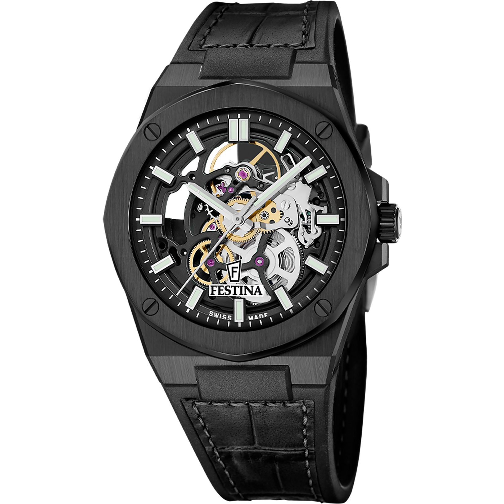 Festina Automatikuhr Automatic F22015_1, Armbanduhr, Herrenuhr, Swiss Made, Mechanische Uhr, Lederarmband