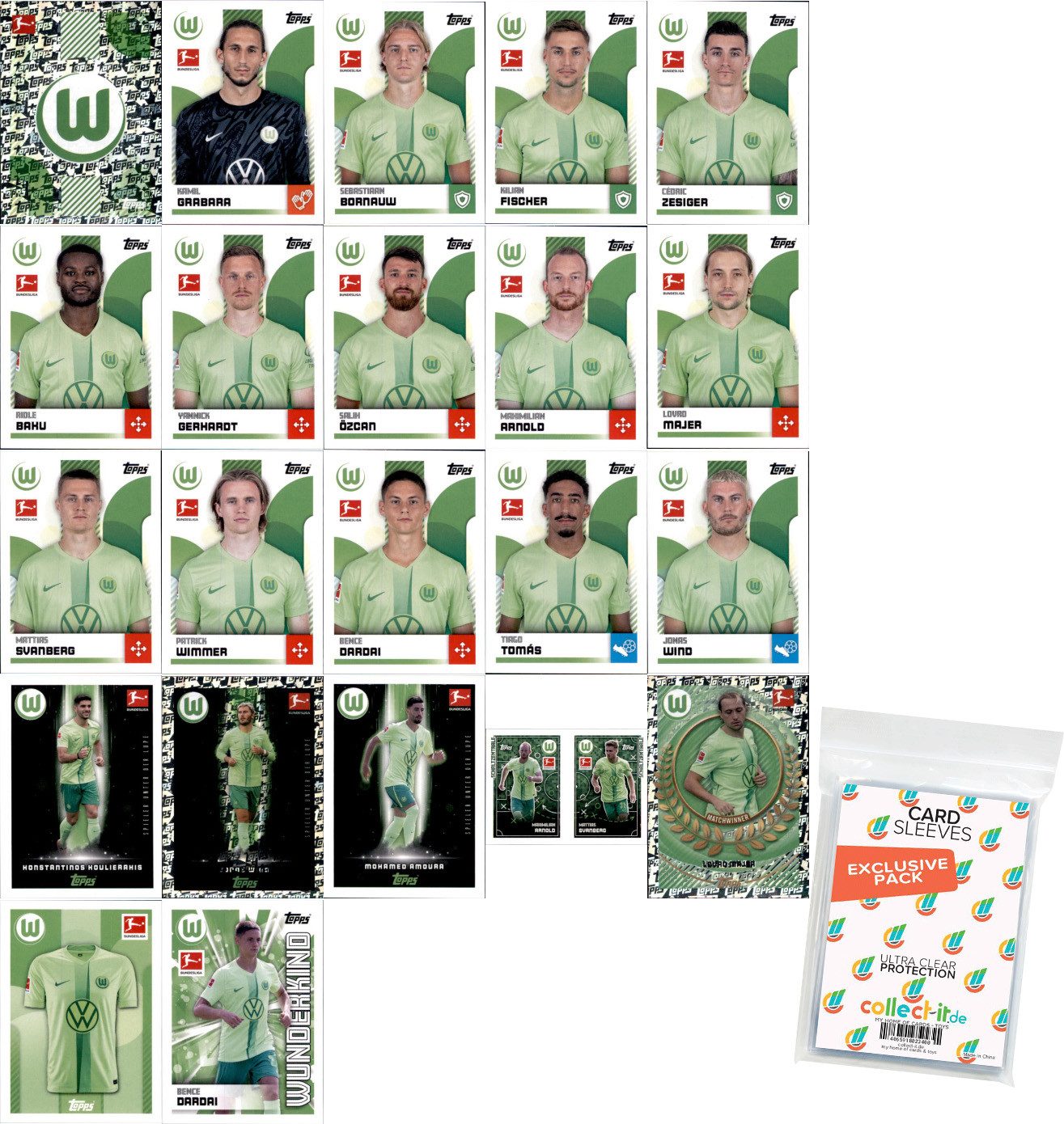 Topps Sammelkarte Bundesliga Sammelsticker 24/25 Mannschaftspaket VfL Wolfsburg+Sleeves