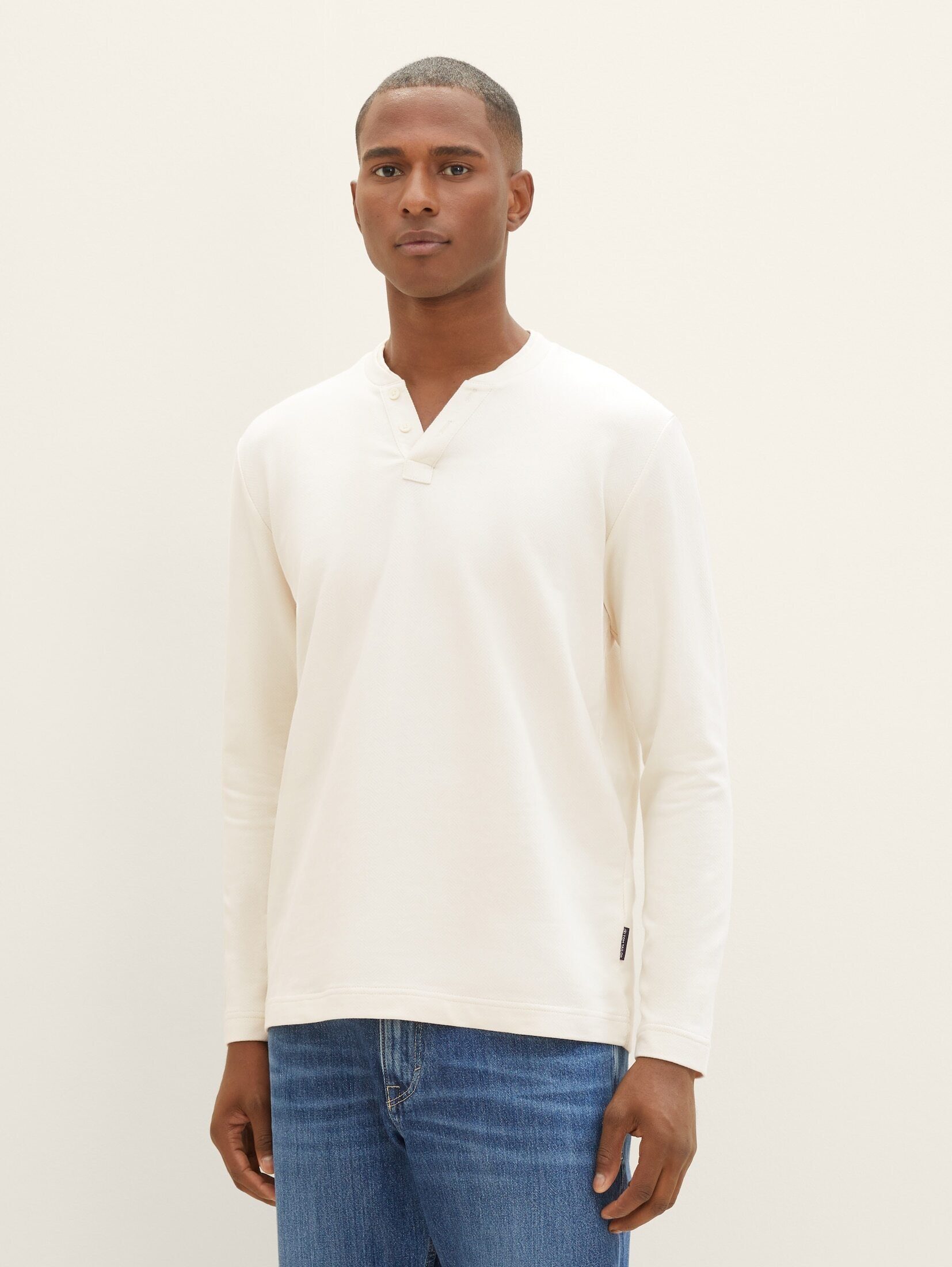 TOM TAILOR T-Shirt Serafino Langarmshirt mit structure Struktur beige herringbone