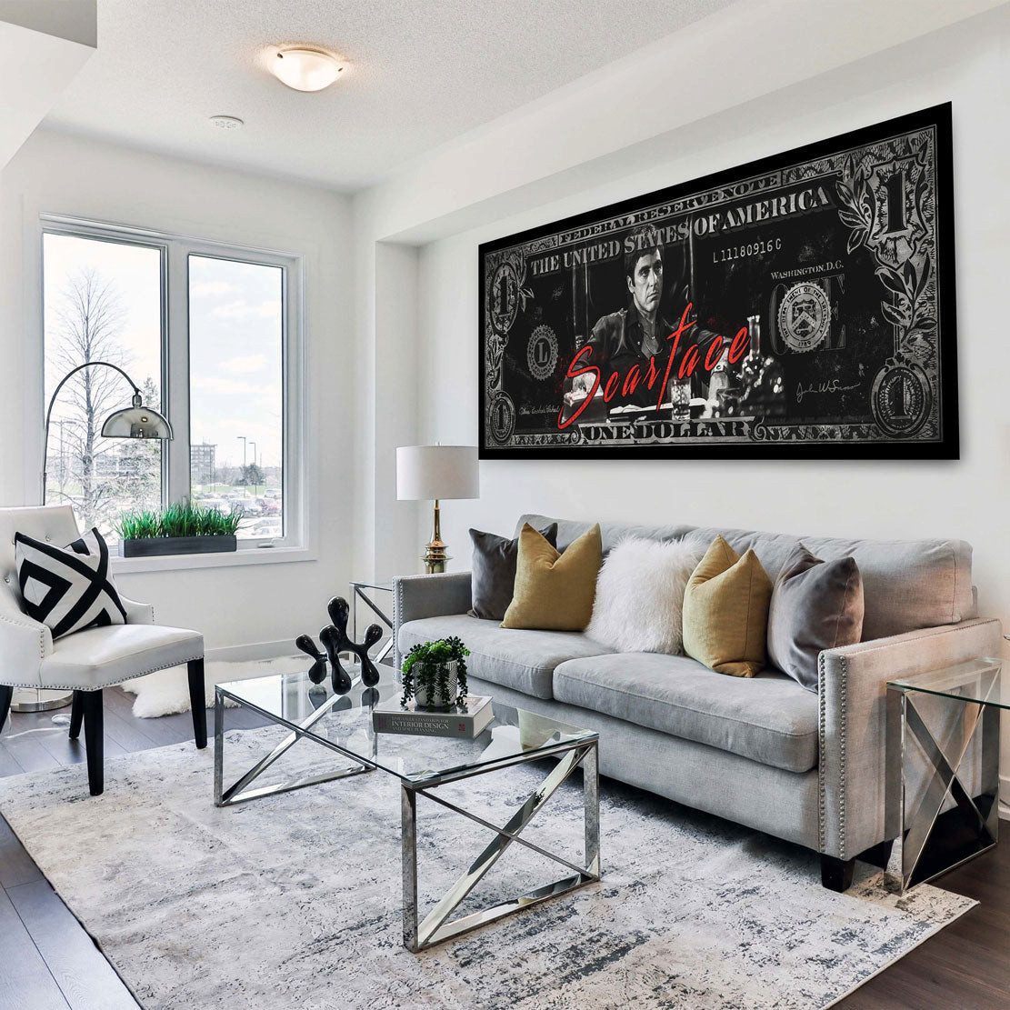 Artedinoi Leinwandbild Pop Art Scarface Film Dollar Leinwandbild Wandbild Kunst XL Deko