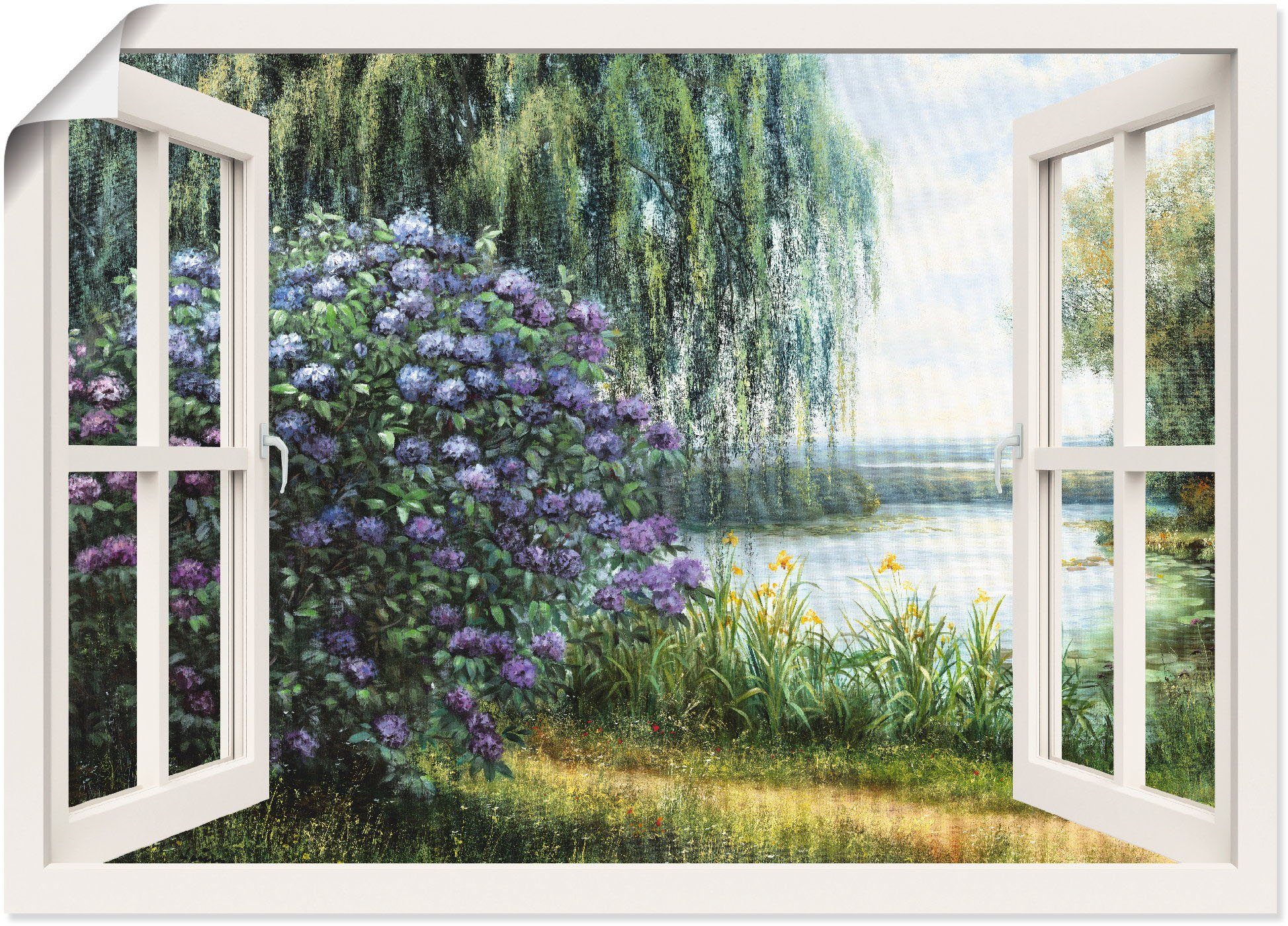 Größen Wandaufkleber Poster oder Artland Fensterblick in (1 Wandbild am St), Hortensien als versch. See, Leinwandbild,