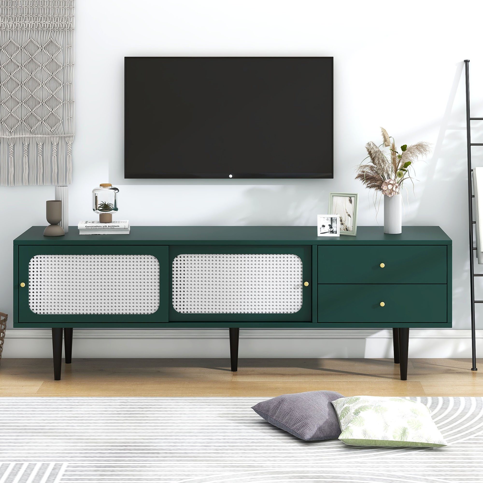 IDEASY TV-Schrank grün mit weißem Rattan, 2 Schubladen, (2 Rattan-Schiebetüren, 4 Fächer, höhenverstellbares mobiles Regal) 160*40*60 cm, Schrankboden 25 cm über dem Boden
