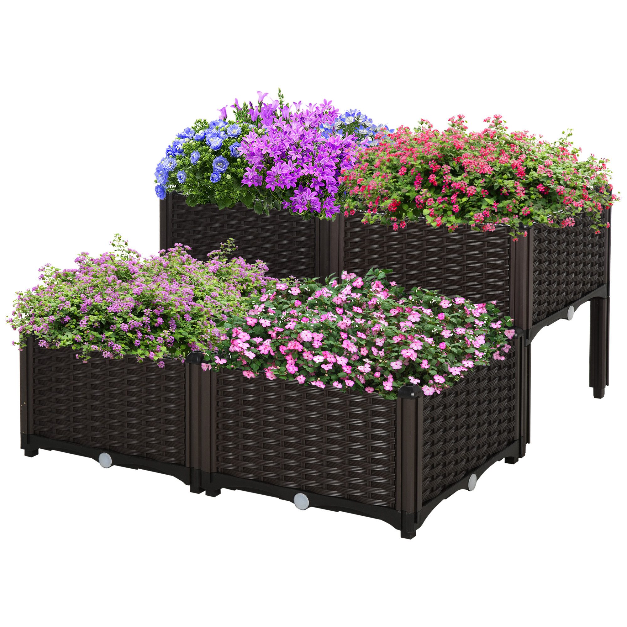 Outsunny Hochbeet Pflanzkasten mit Abflusslöchern (Blumenständer, 4 St., Blumenkasten), für Garten, Balkon, Braun – Bild 2 von 5