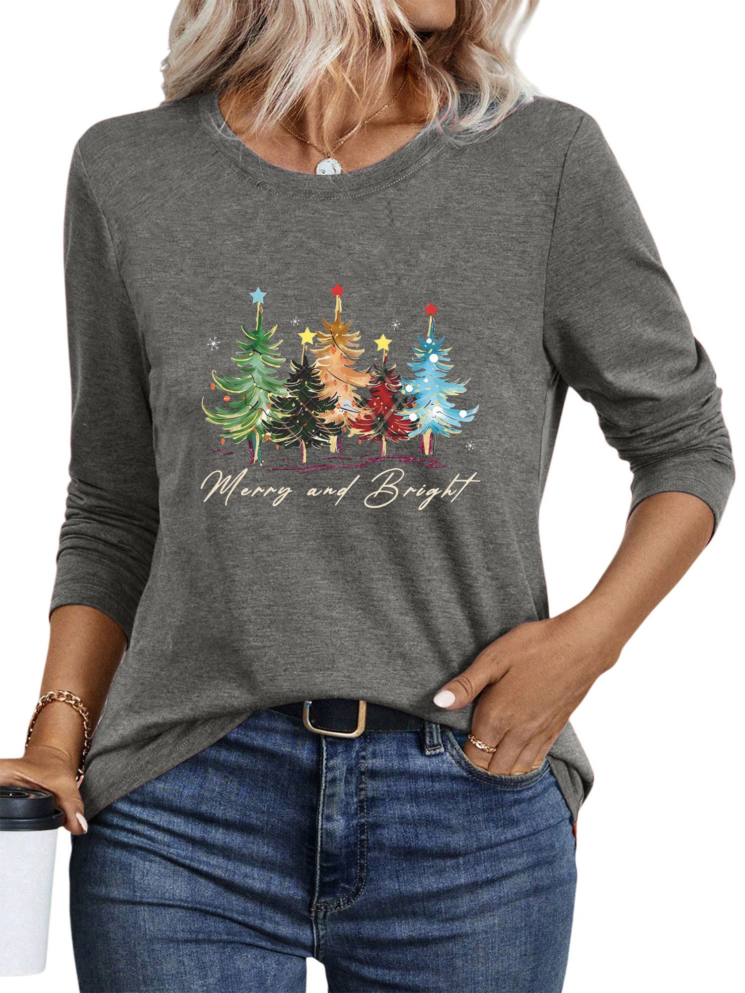 PYLIKE Print-Shirt Damen bequemes Langarmshirts Festlich Weihnachtsbaum Pri günstig online kaufen