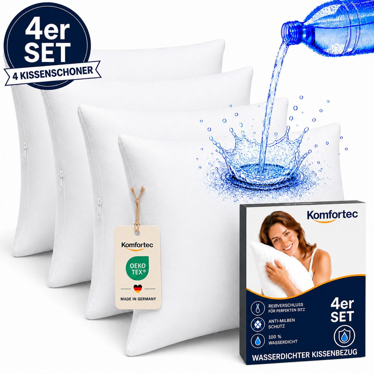 Komfortec Kissenbezüge Wasserdichter Kissenbezug Set, Hypoallergen Kopfkissenbezüge, (4 Stück), 40x40 cm mit Reißverschluss, Atmungsaktiv, Anti-Milben Kissenschoner