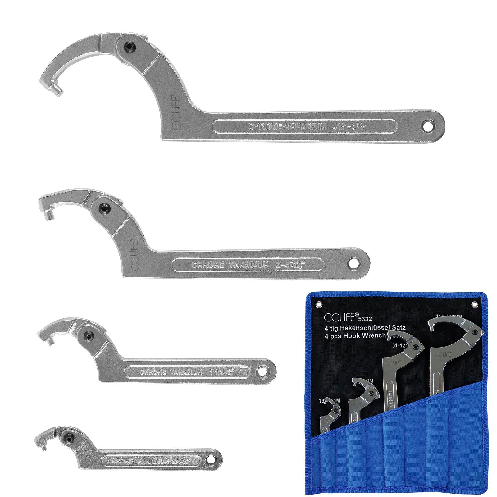 CCLIFE Gabelschlüssel Gelenk C Hakenschlüssel Verstellbar Schlüssel für Nutmutter 19-170mm (set, 4 St)