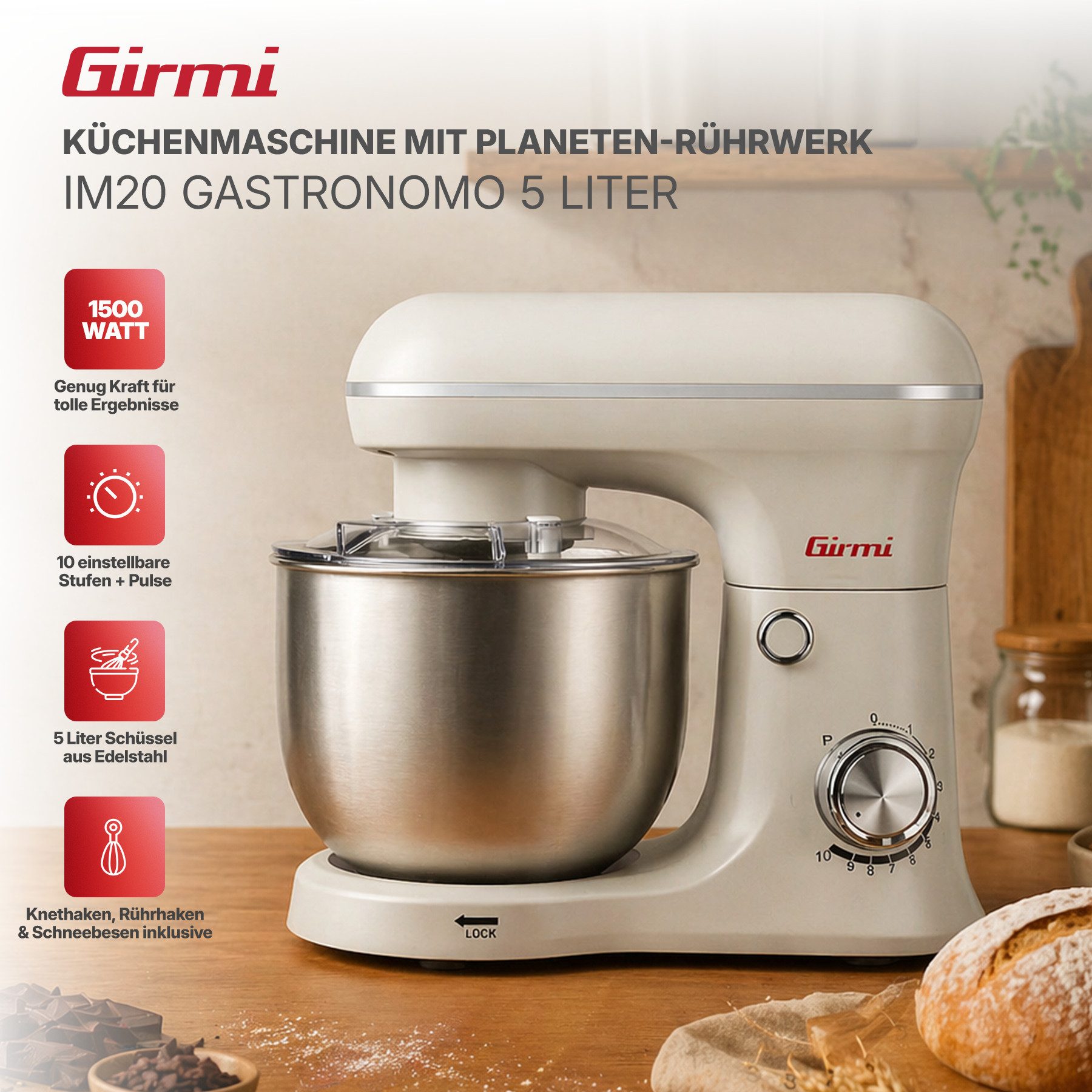 Girmi Küchenmaschine IM2101 Gastronomo IM21, Edelstahlschüssel, Planetenrührwerk, 1500 W, 5 l Schüssel, 10 Geschwindigkeiten, Pulse-Funktion, Knethaken, Rührer, Schneebesen