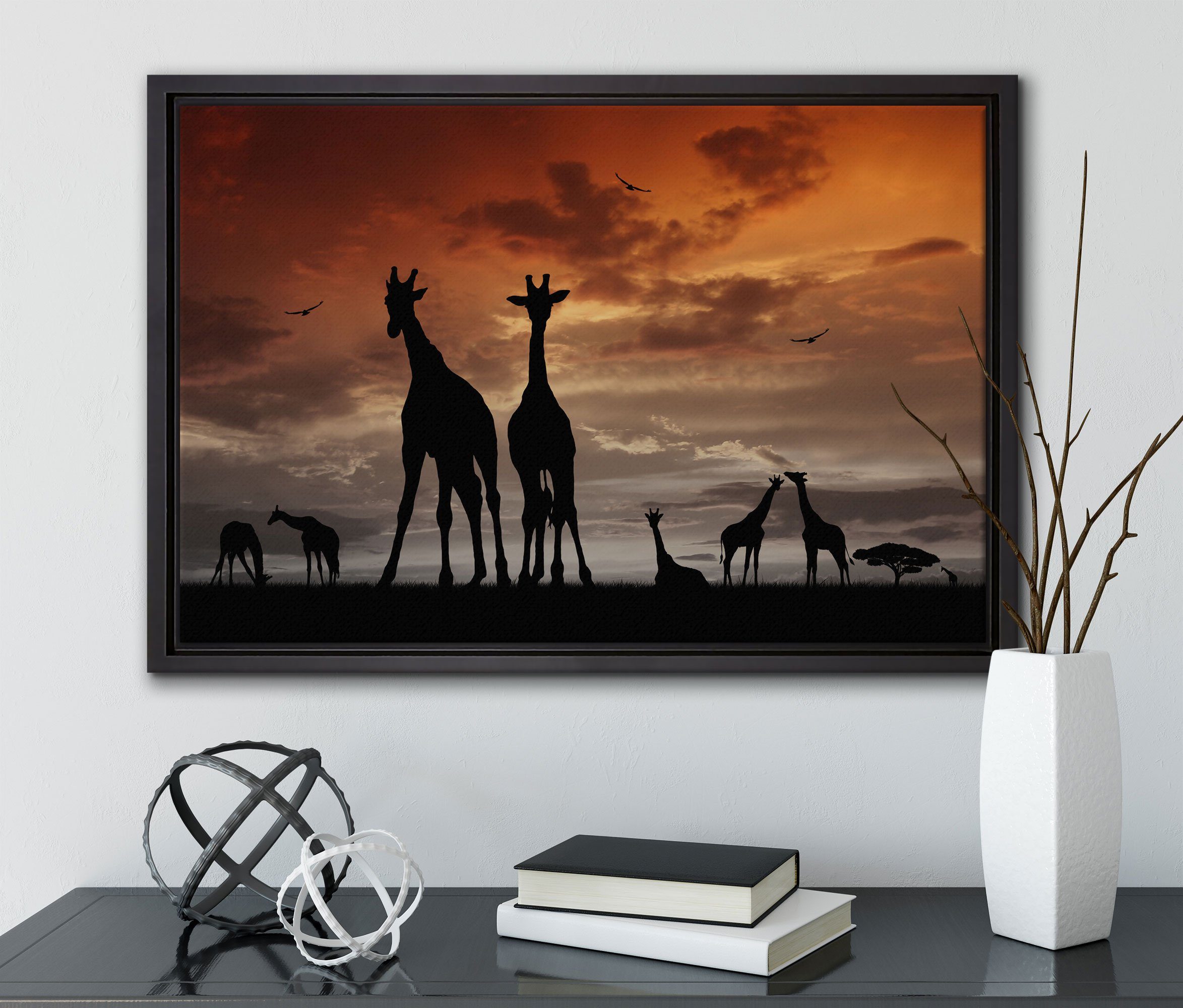 St), fertig Schattenfugen-Bilderrahmen bespannt, gefasst, Giraffen Wanddekoration inkl. Leinwandbild im einem Pixxprint in (1 Afrika Sonnenuntergang, Leinwandbild Zackenaufhänger