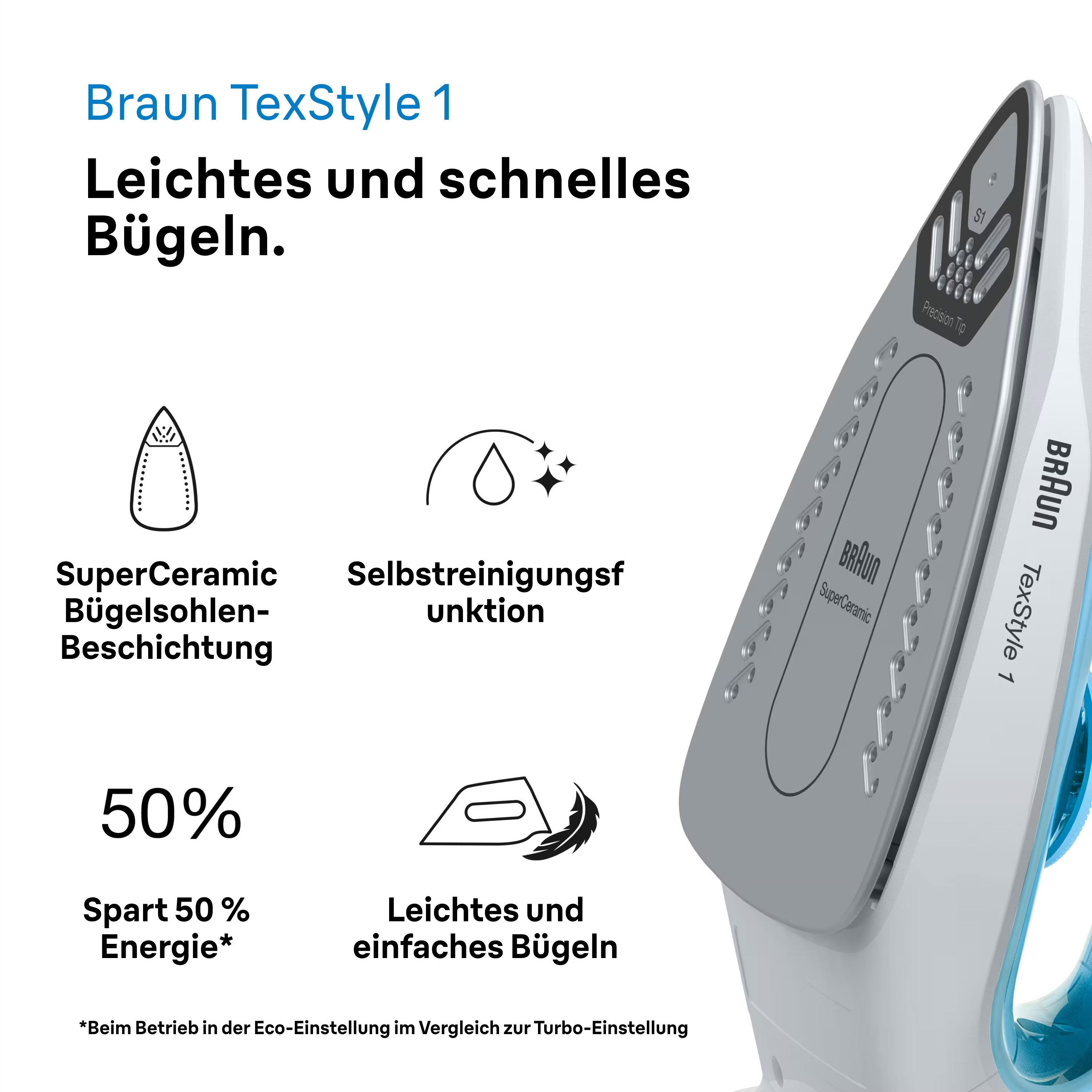 Braun Dampfbügeleisen TexStyle 1 SI 1050 BL - 2.000 W, 120 g Dampfstoß, 220 ml Wassertank, 2000 W, 25 g Dampfmenge, SuperCeramic Bügelsohle, 35 Sek. Aufheizzeit