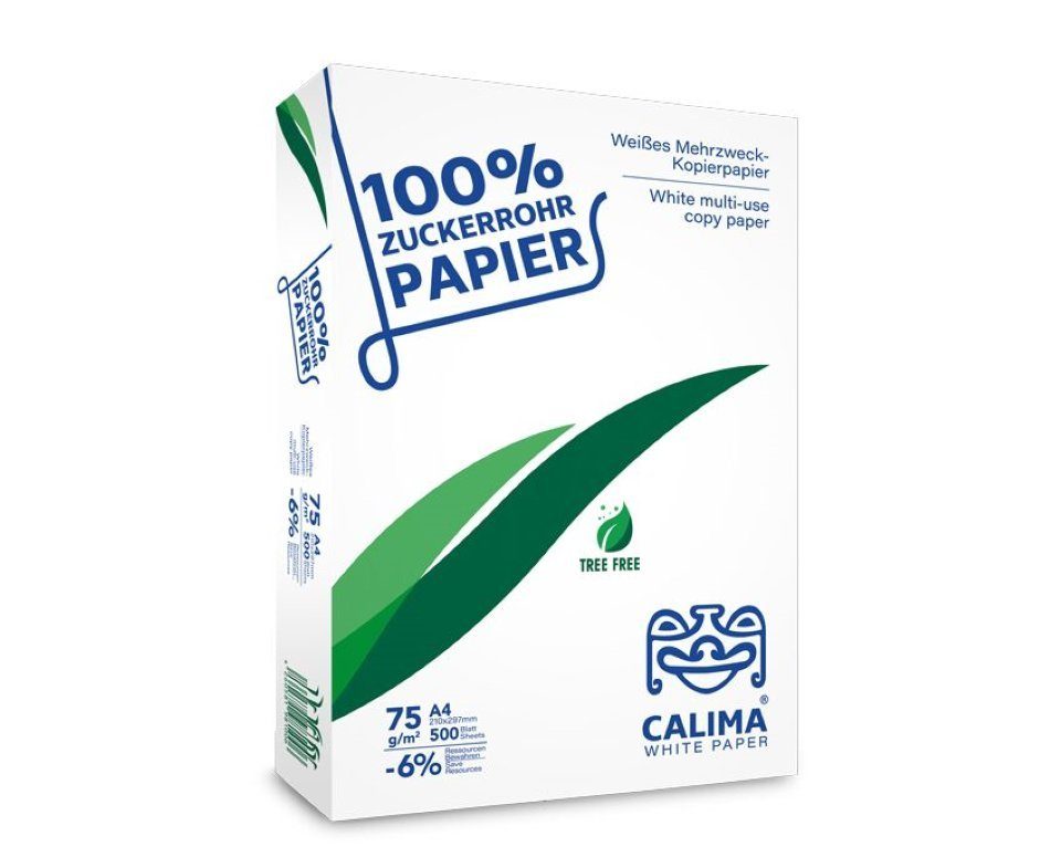 CALIMA NATURAL PAPER Drucker- und Kopierpapier Calima Baumfrei Mehrzweck-Kopierpapier (Recyceltes Papier aus Zuckerrohr, weiß, 1 Pack = 500 Blatt)