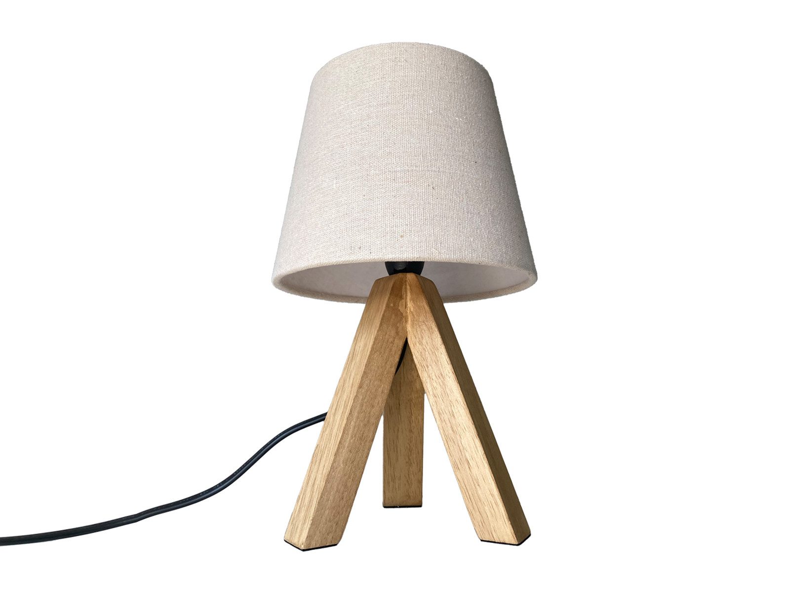 meineWunschleuchte Tischleuchte mit Holz & Stoff-Schirm Leinen Höhe 27cm, ohne Leuchtmittel, kleine Nacht-Tischlampe skandinavisch mit Holzfuß & E14 Stoff-Schirm