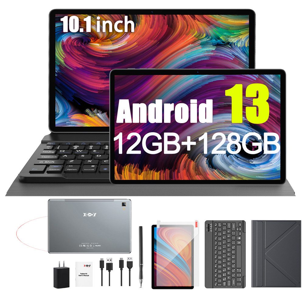 XGODY P60 4G LTE 2 SIM Mit Tastatur-Ledertasche + Ladegerät Tablet (10", 128 GB, Android 13, 10.1" (8+8)16GB+128GB, 8000mAh, 8-Core 1920 * 1200)