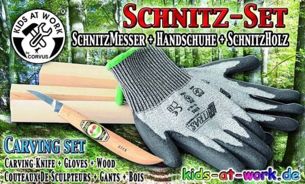 Corvus Experimentierkasten Schnitz-Set Messer, Handschuhe, Holz