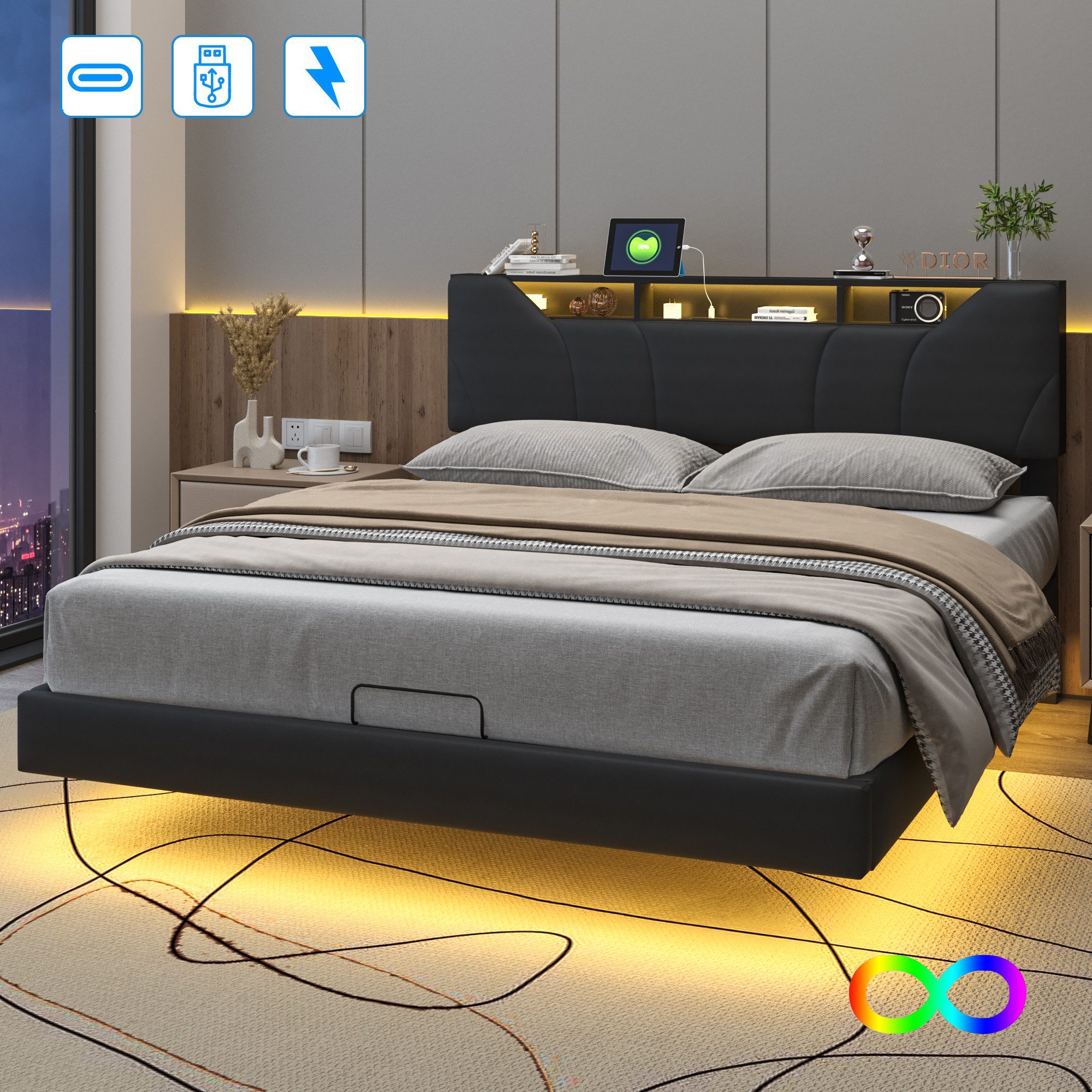PXloue Polsterbett LED hydraulisches Doppelbett (inkl Aufbewahrungskiste), günstig online kaufen