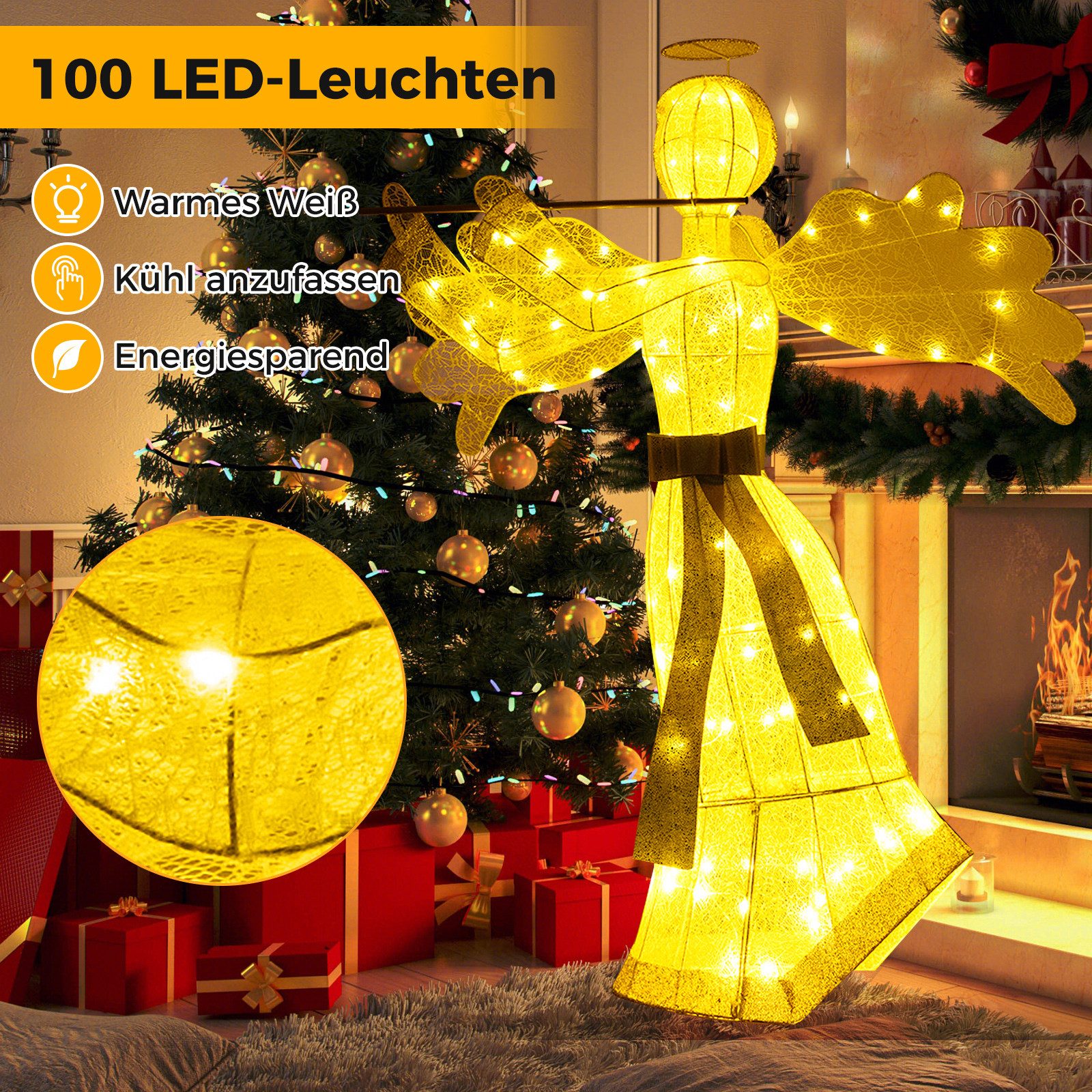 COSTWAY Weihnachtsfigur, LED Weihnachtsengel, 150cm hoch