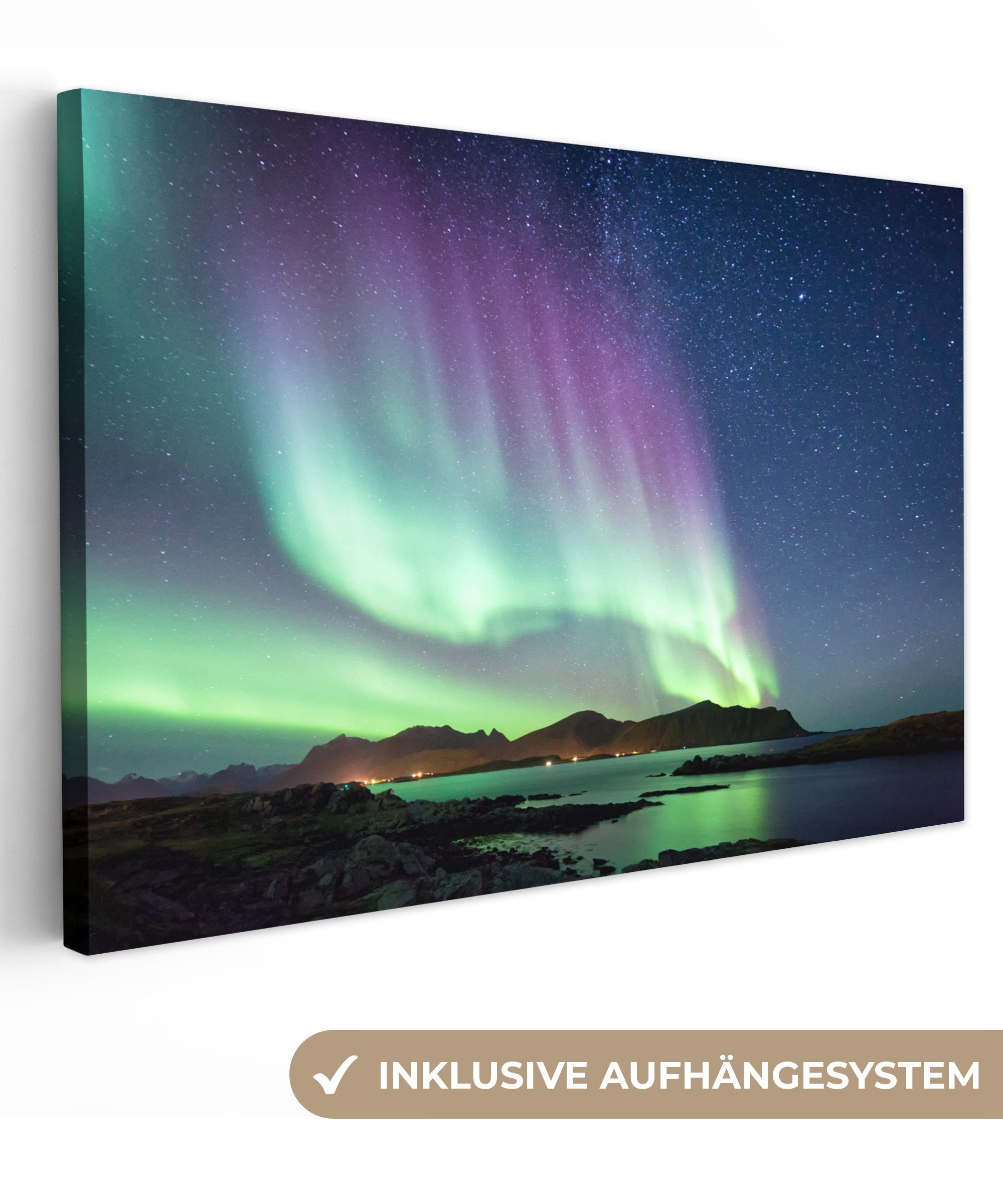 OneMillionCanvasses® Leinwandbild Nordlicht - Grün - Lila - Sternenhimmel - günstig online kaufen