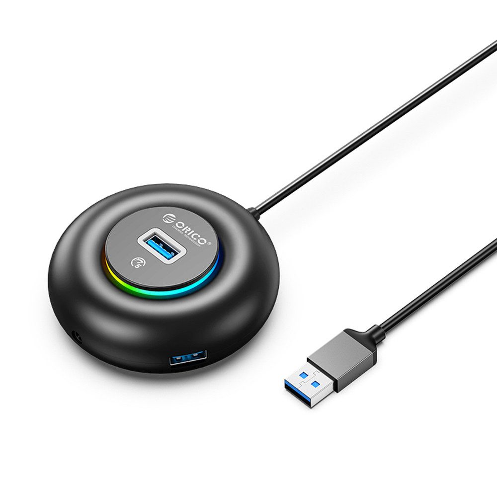 ORICO USB-Verteiler USB-Hub Anschlusserweiterung Datenverteiler (Spar-Set, 1-St., 8 x 8 x 3 cm kompakt), RGB-Beleuchtung, 4x USB 3.0, 5 Gbit/s, Klinkenanschluss