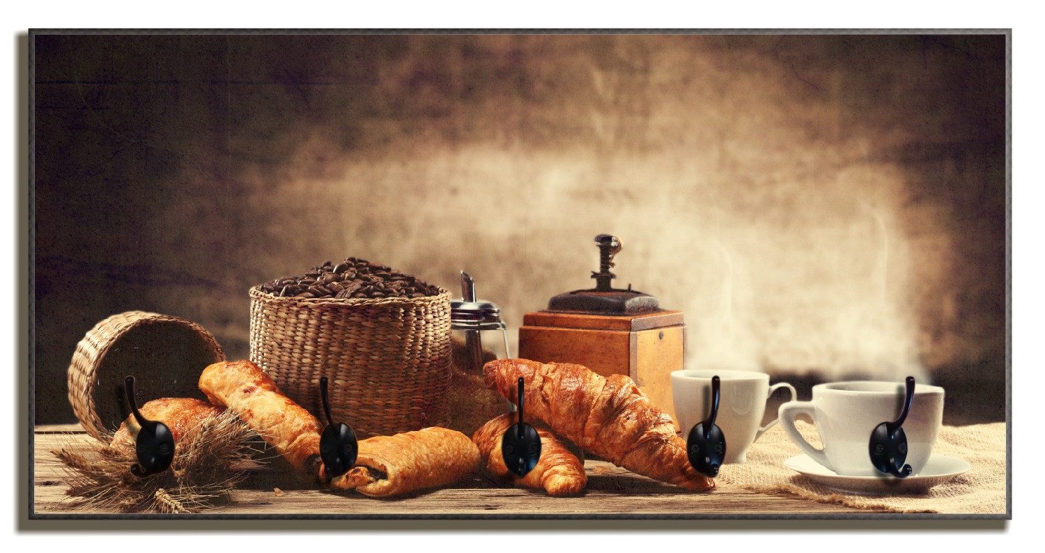 Wallario Garderobenpaneel Französisches Frühstück mit Café und Croissants (1-teilig, inkl. Haken und Befestigung), 80x40cmHolz