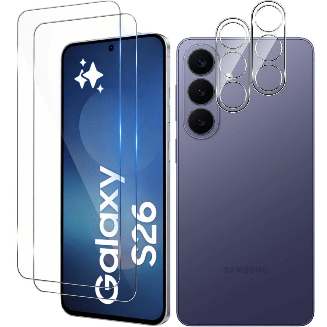 SmartUP Displayschutzglas 2X Schutzglas für Samsung Galaxy S26 Display Kamera Panzerglas Full 9H für Samsung Galaxy S26, 4 Stück, Rundumschutz, passgenaue Verarbeitung