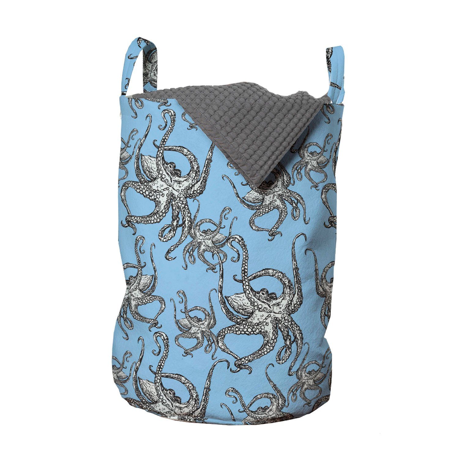 Abakuhaus Wäschesäckchen Wäschekorb mit Griffen Kordelzugverschluss für Waschsalons, Tintenfisch Seegeschöpf Marine-Theme
